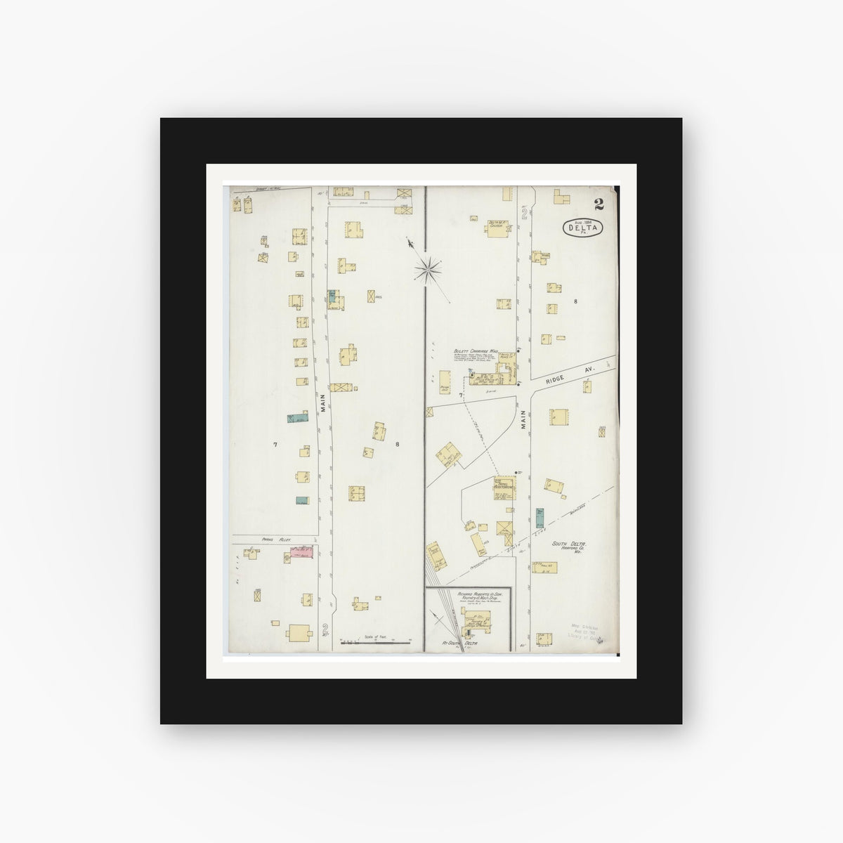 Old map wall art mockup — black gallery frame with white mat — Sanborn Fire Insurance Map from Delta, York County, Pennsylvania (1894), Sheet #0002