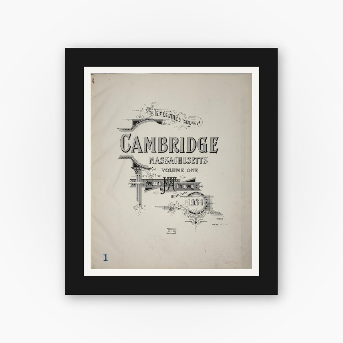 Old map wall art mockup — black gallery frame with white mat — Sanborn Fire Insurance Map from Cambridge, Middlesex County, Massachusetts (1934), Sheet #0001