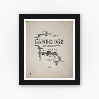 Old map wall art mockup — black gallery frame with white mat — Sanborn Fire Insurance Map from Cambridge, Middlesex County, Massachusetts (1934), Sheet #0001