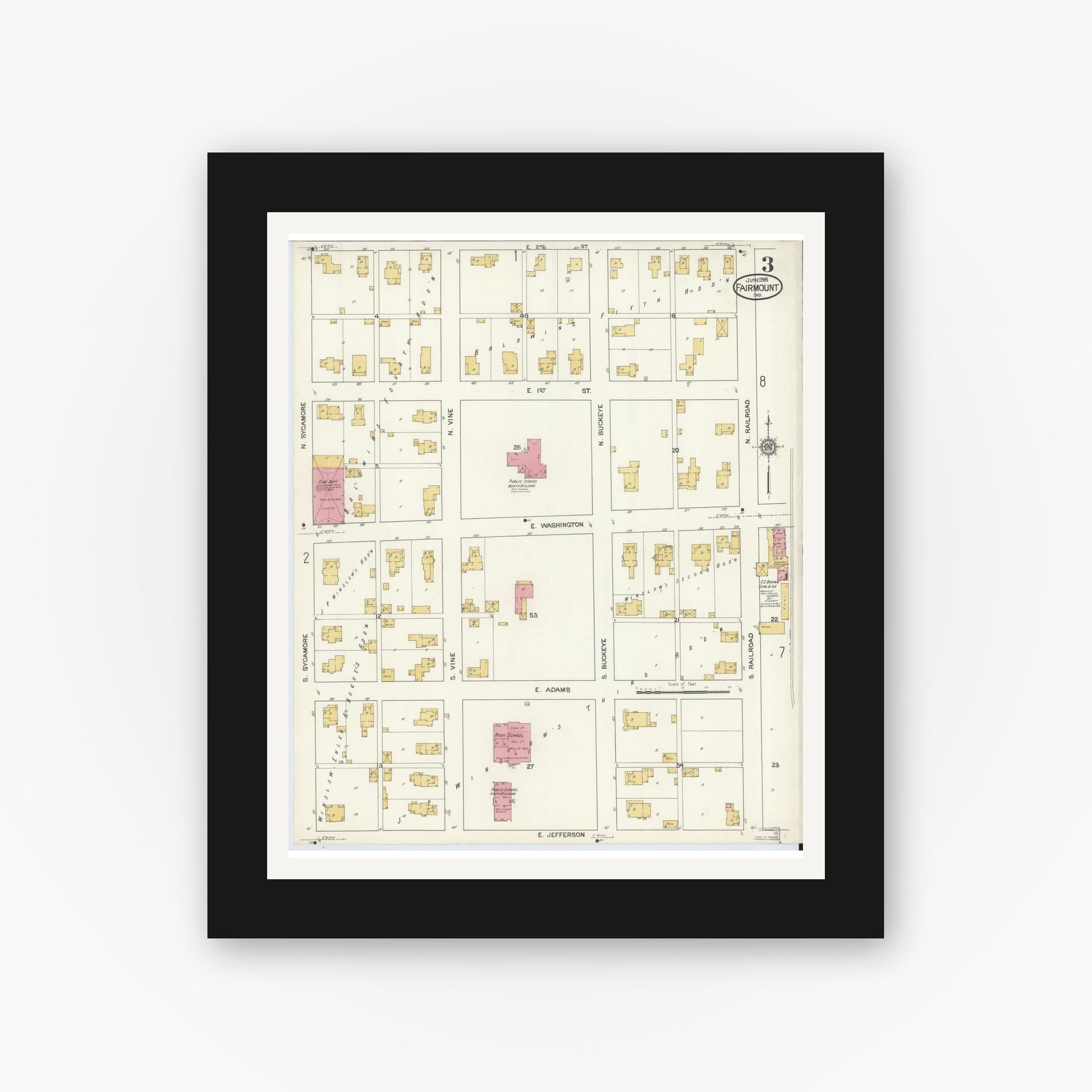 Old map wall art mockup — black gallery frame with white mat — Sanborn Fire Insurance Map from Fairmount, Grant County, Indiana (1916), Sheet #0003