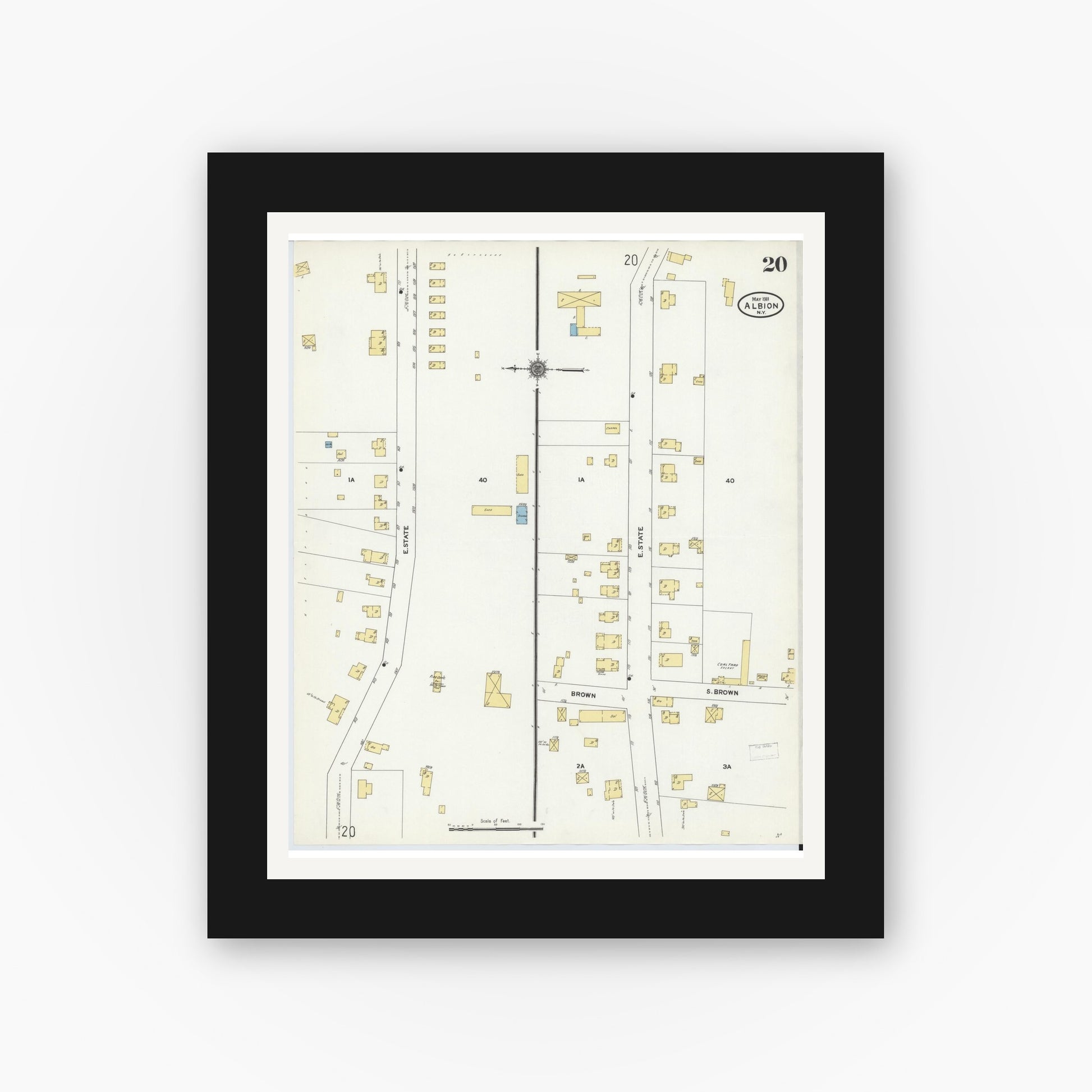 Old map wall art mockup — black gallery frame with white mat — Sanborn Fire Insurance Map from Albion, Orleans County, New York (1911), Sheet #0020