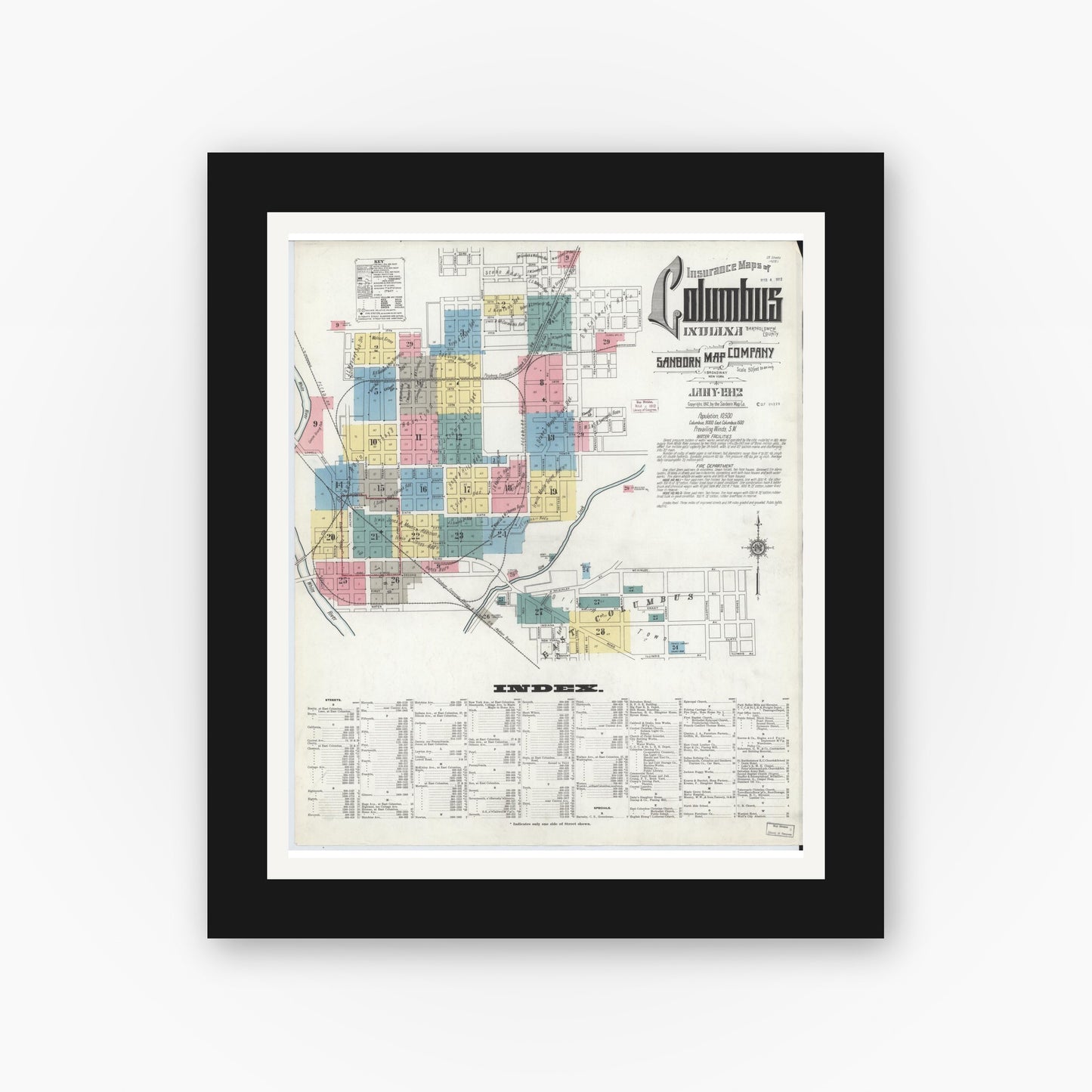 Old map wall art mockup — black gallery frame with white mat — Sanborn Fire Insurance Map from Columbus, Bartholomew County, Indiana (1912), Sheet #0001
