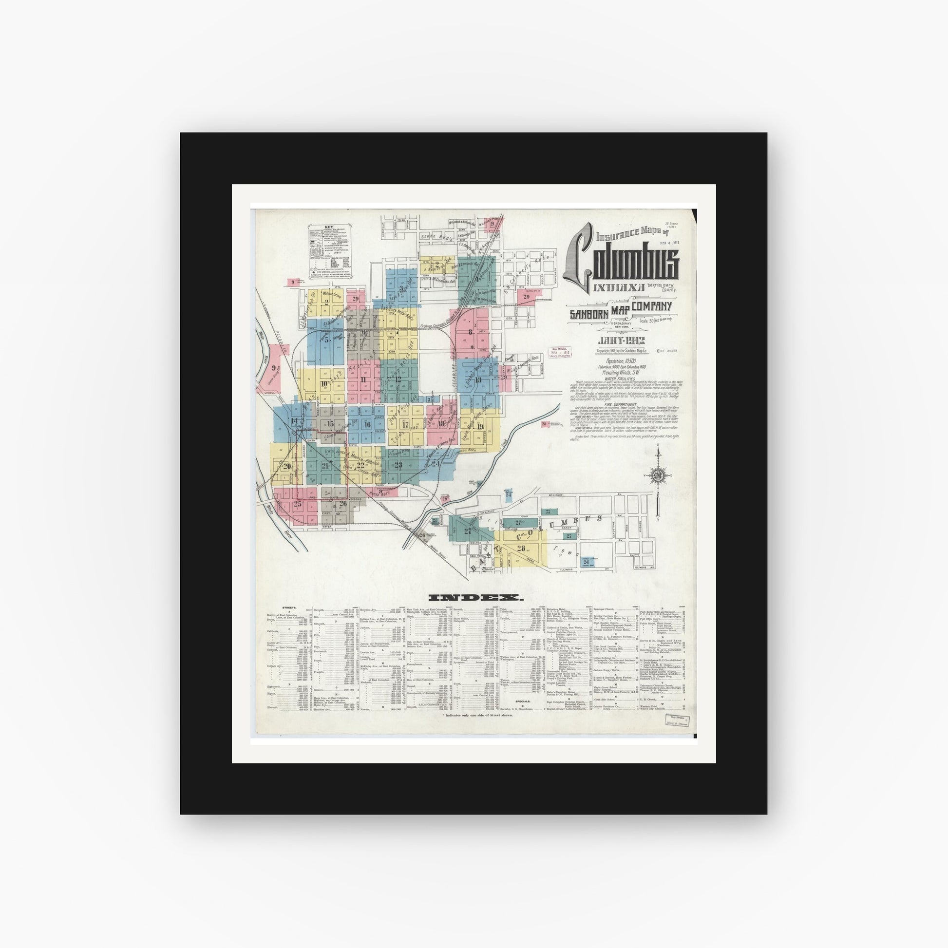 Old map wall art mockup — black gallery frame with white mat — Sanborn Fire Insurance Map from Columbus, Bartholomew County, Indiana (1912), Sheet #0001