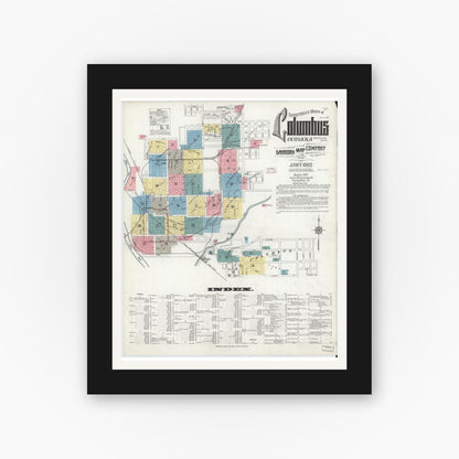 Old map wall art mockup — black gallery frame with white mat — Sanborn Fire Insurance Map from Columbus, Bartholomew County, Indiana (1912), Sheet #0001