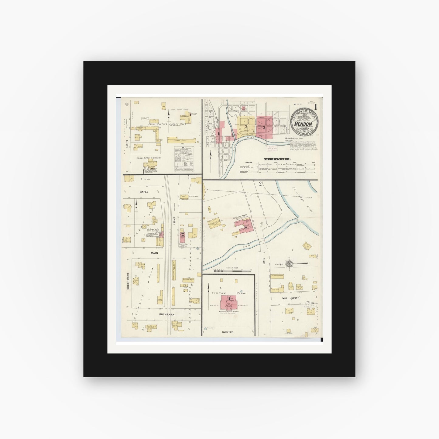 Old map wall art mockup — black gallery frame with white mat — Sanborn Fire Insurance Map from Mendon, Saint Joseph County, Michigan (1911) - Complete Map Set