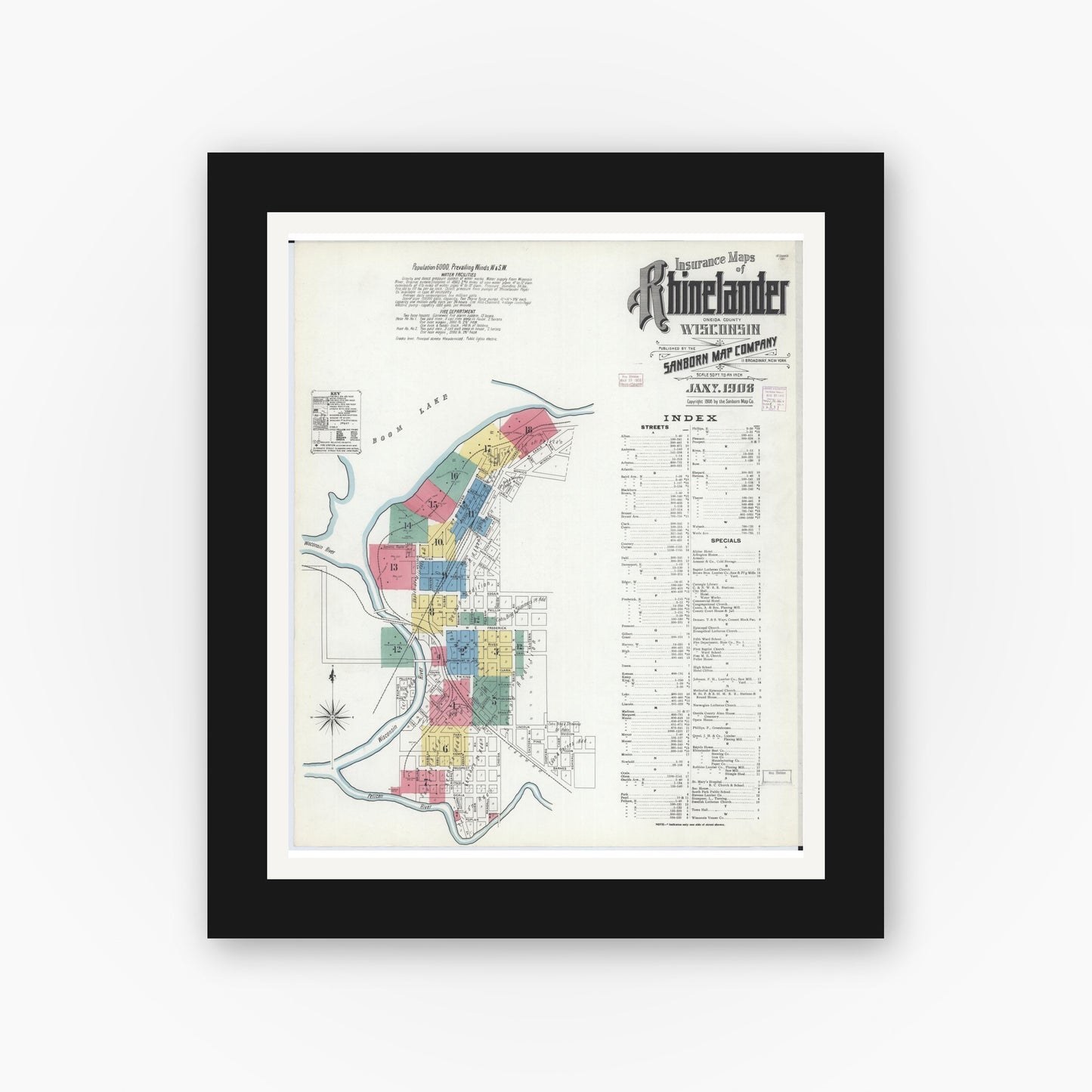Old map wall art mockup — black gallery frame with white mat — Sanborn Fire Insurance Map from Rhinelander, Oneida County, Wisconsin (1908), Sheet #0001