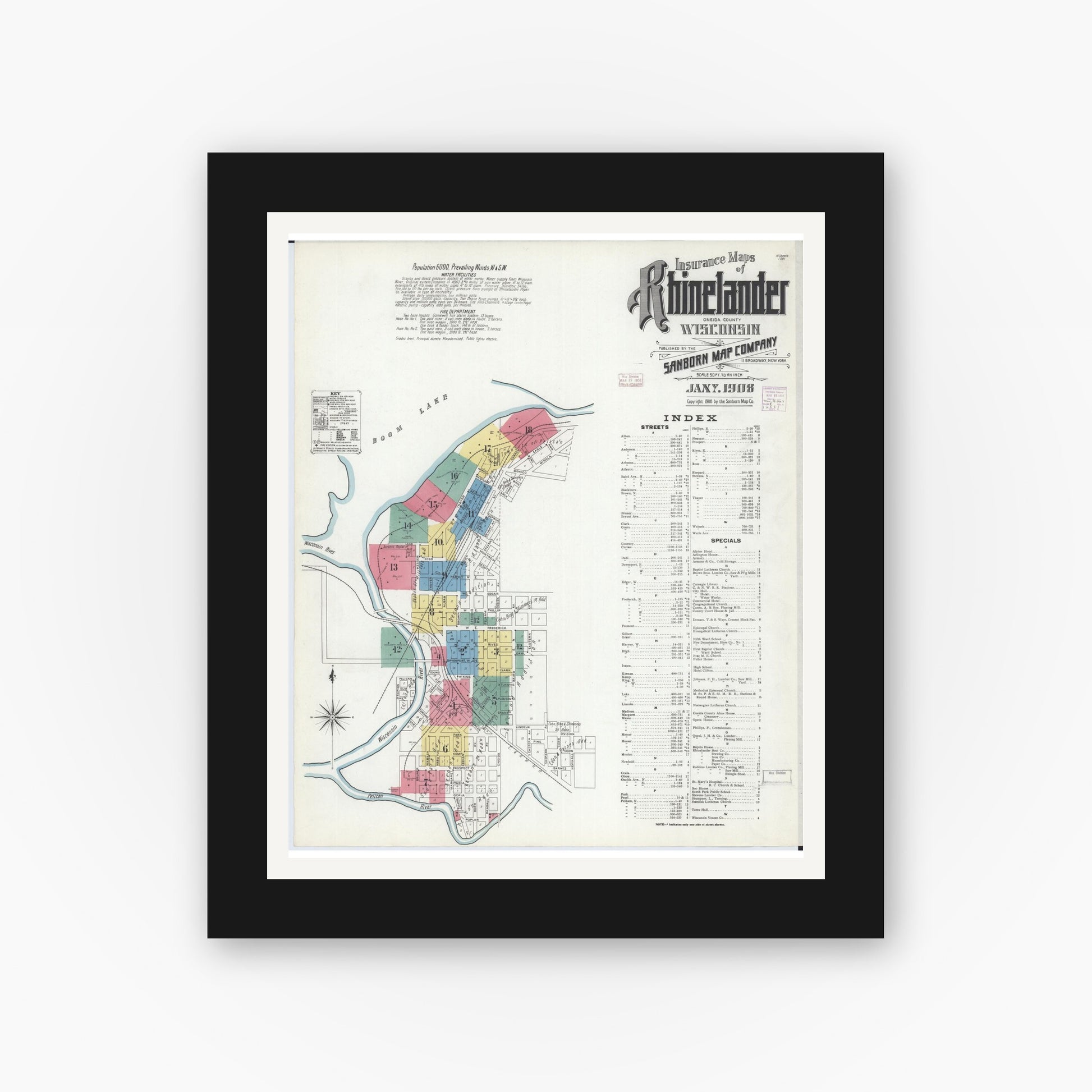 Old map wall art mockup — black gallery frame with white mat — Sanborn Fire Insurance Map from Rhinelander, Oneida County, Wisconsin (1908), Sheet #0001