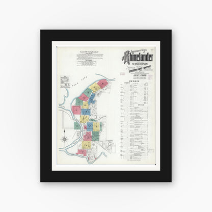 Old map wall art mockup — black gallery frame with white mat — Sanborn Fire Insurance Map from Rhinelander, Oneida County, Wisconsin (1908), Sheet #0001