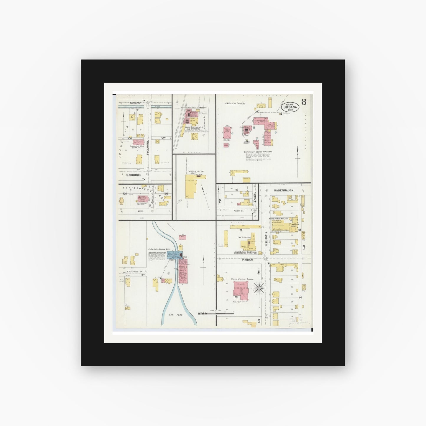 Old map wall art mockup — black gallery frame with white mat — Sanborn Fire Insurance Map from Urbana, Champaign County, Ohio (1901), Sheet #0008