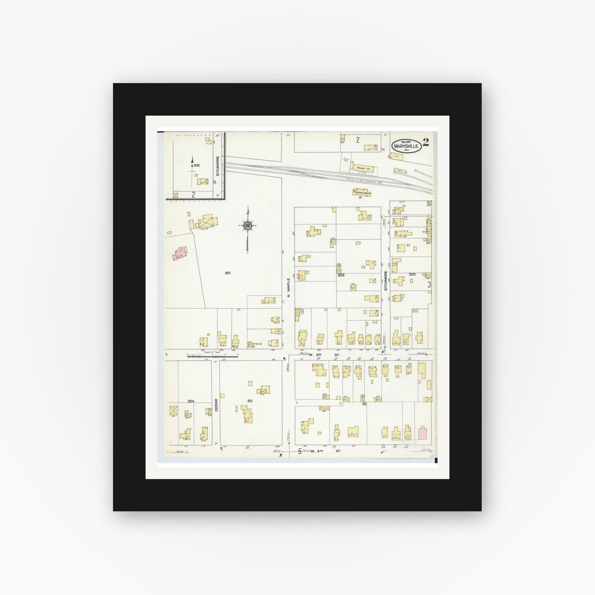Old map wall art mockup — black gallery frame with white mat — Sanborn Fire Insurance Map from Marysville, Union County, Ohio (1910), Sheet #0002