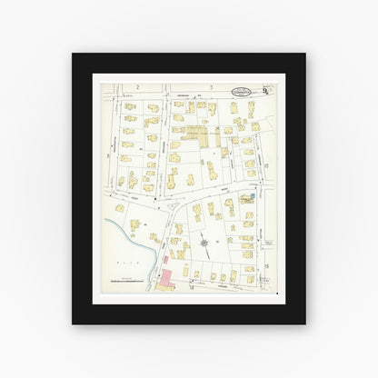 Old map wall art mockup — black gallery frame with white mat — Sanborn Fire Insurance Map from Leominster, Worcester County, Massachusetts (1912), Sheet #0009