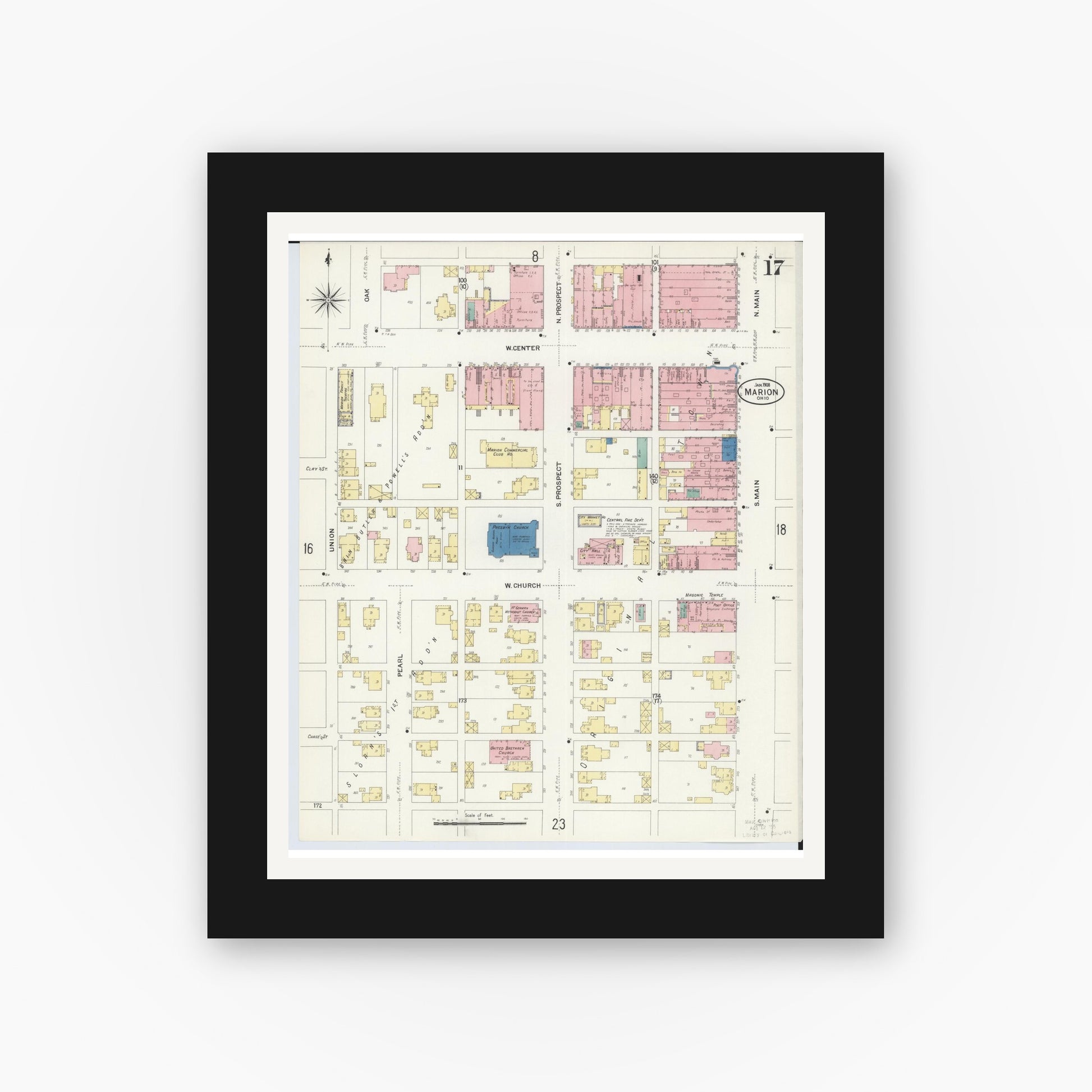 Old map wall art mockup — black gallery frame with white mat — Sanborn Fire Insurance Map from Marion, Marion County, Ohio (1908), Sheet #0017