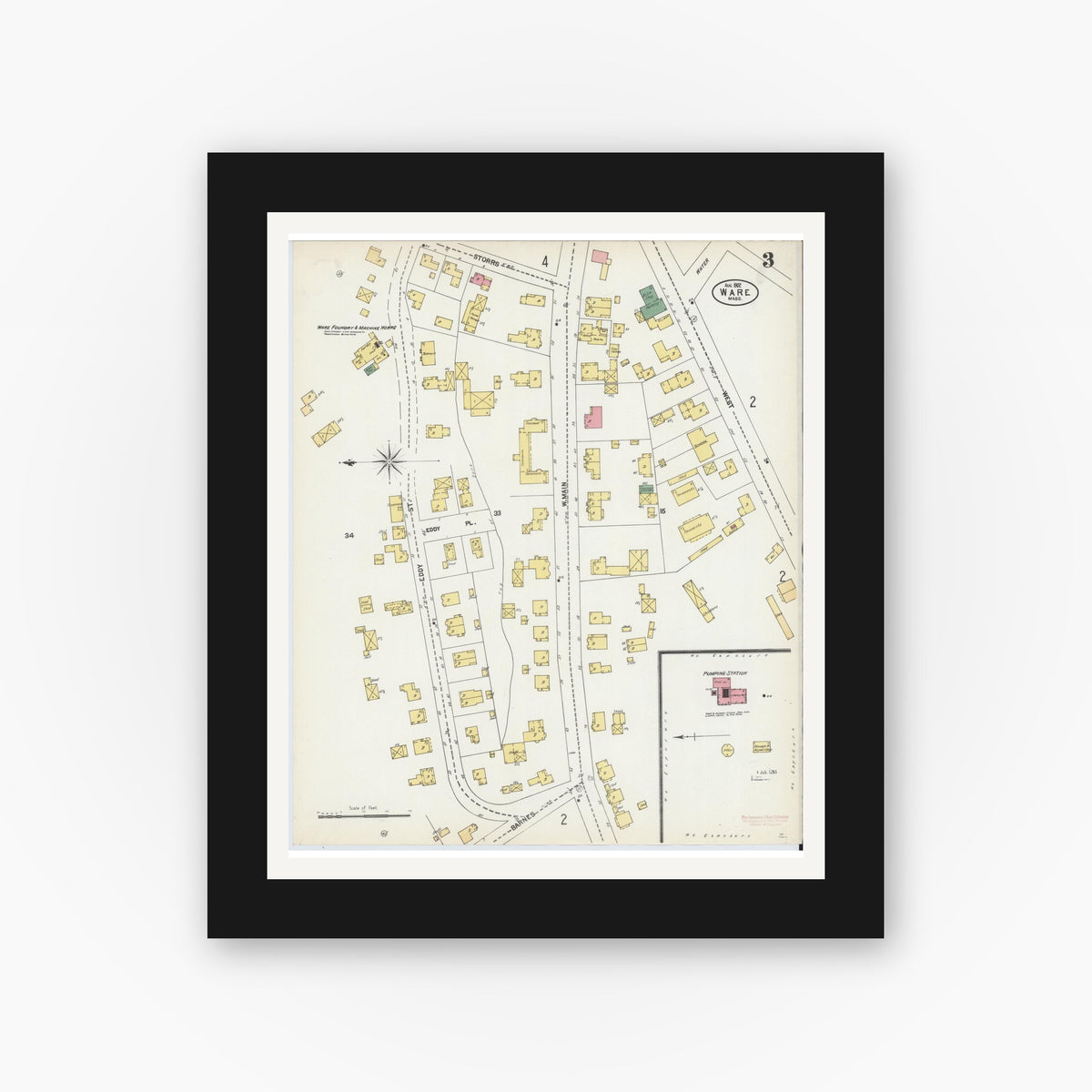 Old map wall art mockup — black gallery frame with white mat — Sanborn Fire Insurance Map from Ware, Hampshire County, Massachusetts (1902), Sheet #0003