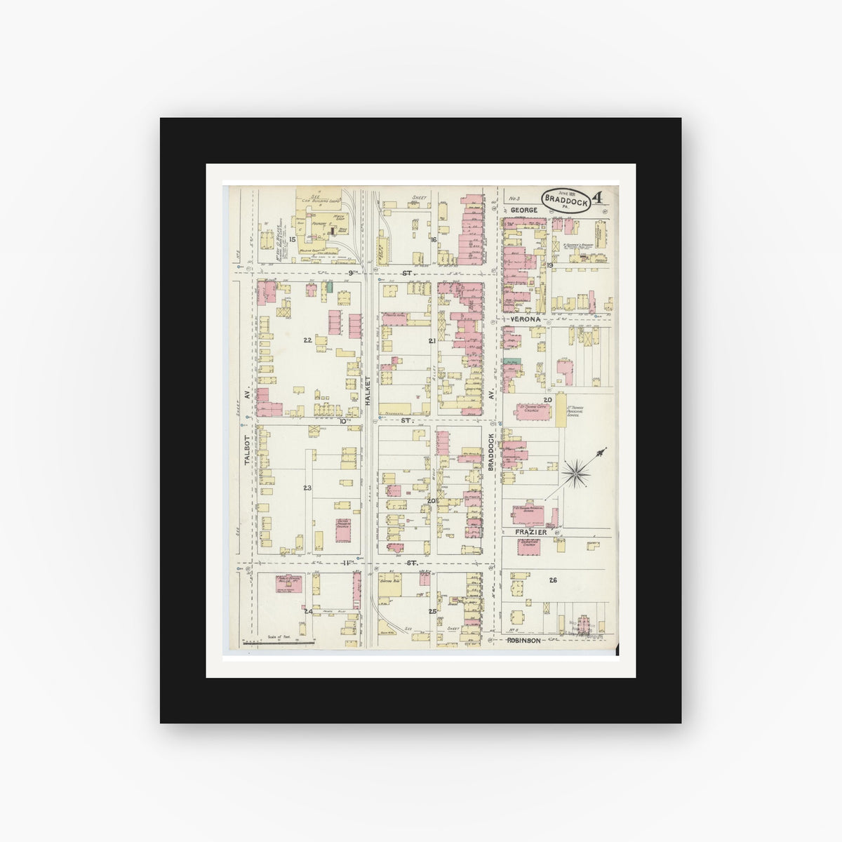 Old map wall art mockup — black gallery frame with white mat — Sanborn Fire Insurance Map from Braddock, Allegheny County, Pennsylvania (1891), Sheet #0004