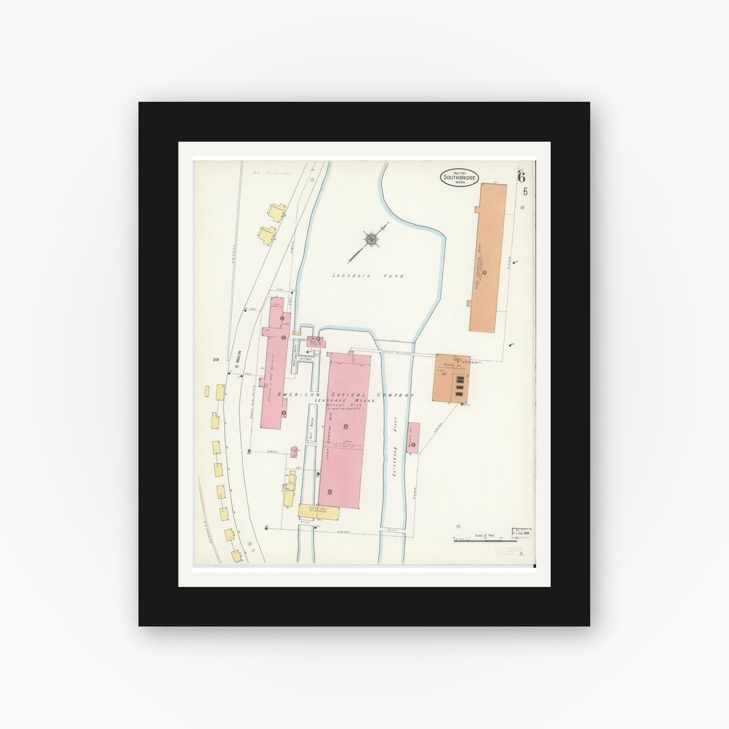 Old map wall art mockup — black gallery frame with white mat — Sanborn Fire Insurance Map from Southbridge, Worcester County, Massachusetts (1911), Sheet #0006