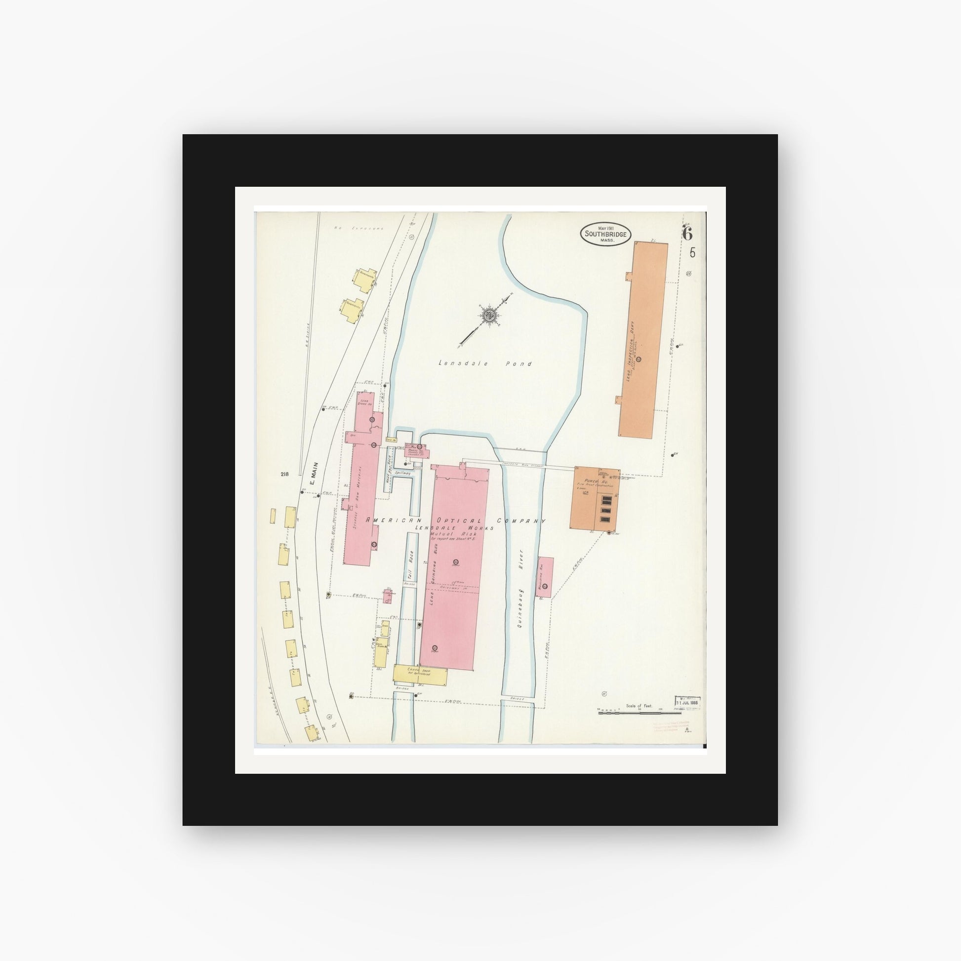 Old map wall art mockup — black gallery frame with white mat — Sanborn Fire Insurance Map from Southbridge, Worcester County, Massachusetts (1911), Sheet #0006