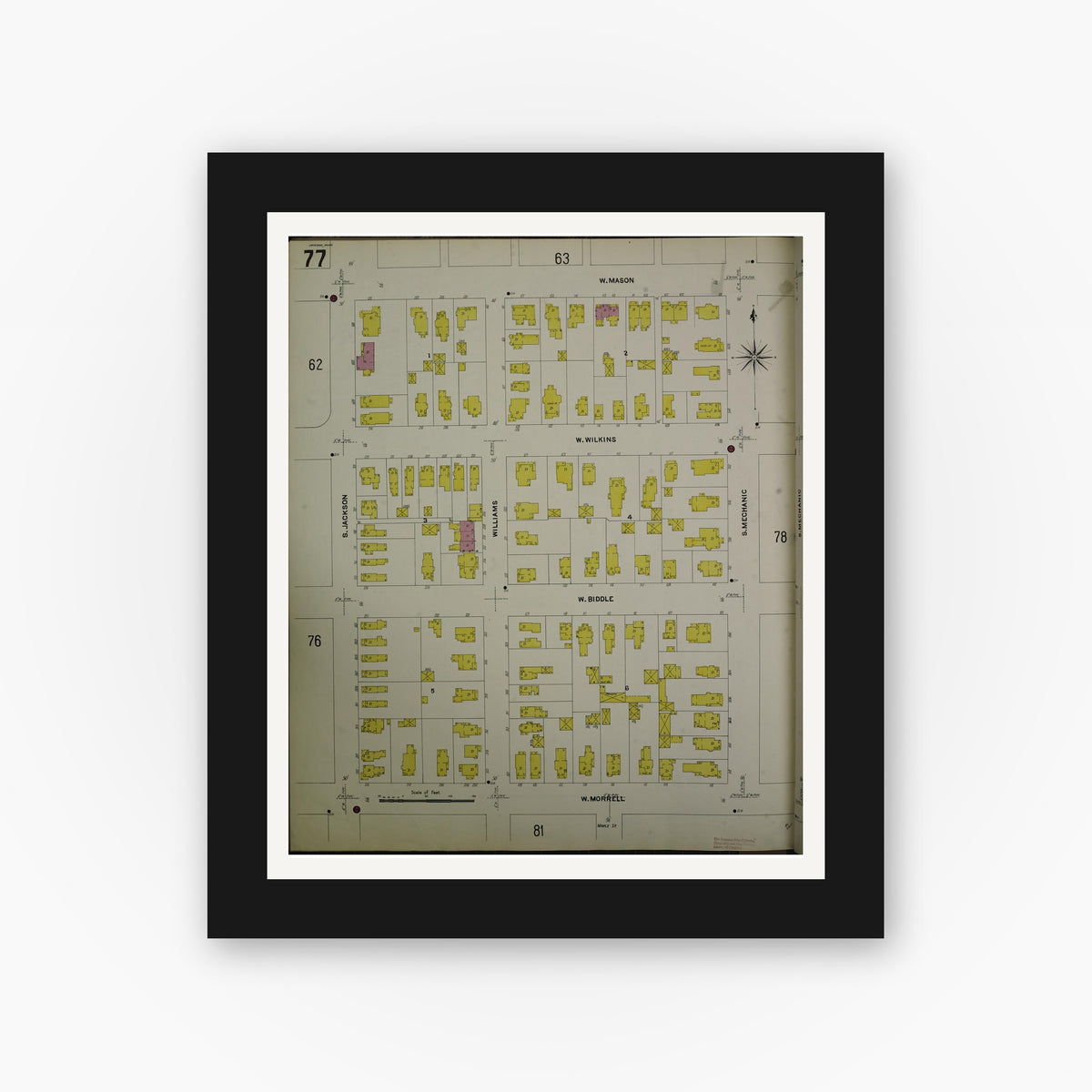Old map wall art mockup — black gallery frame with white mat — Sanborn Fire Insurance Map from Jackson, Jackson County, Michigan (1907), Sheet #0077