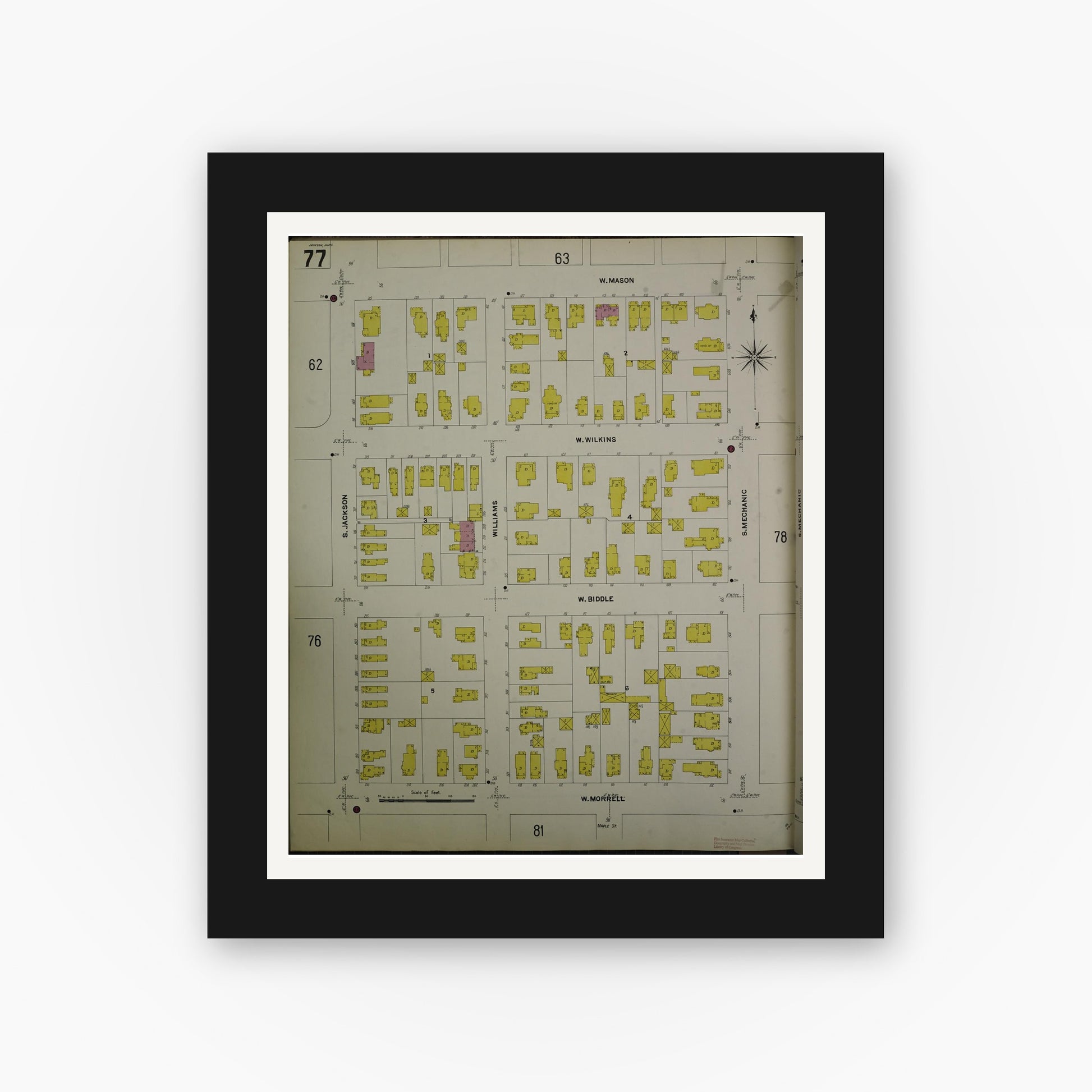 Old map wall art mockup — black gallery frame with white mat — Sanborn Fire Insurance Map from Jackson, Jackson County, Michigan (1907), Sheet #0077