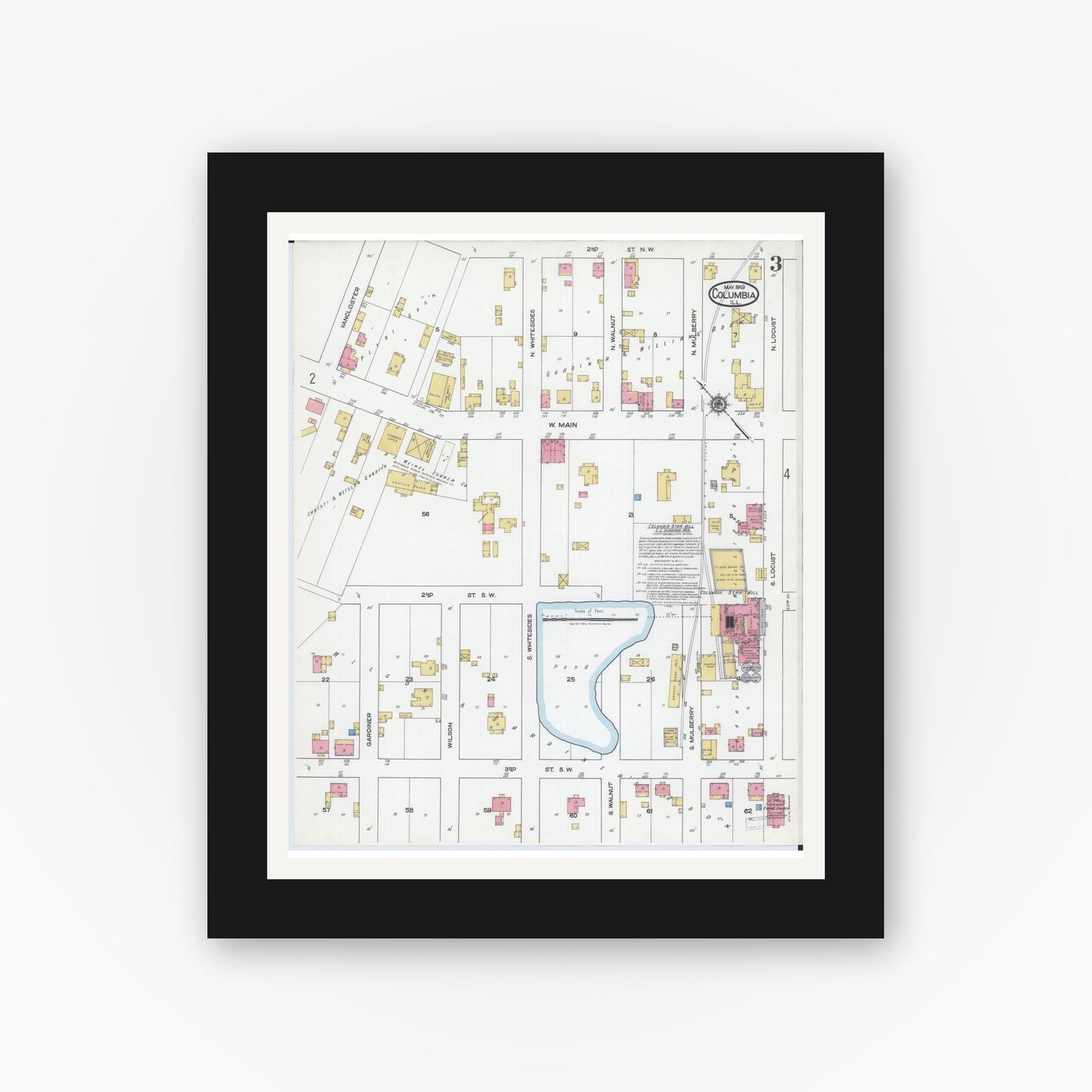 Old map wall art mockup — black gallery frame with white mat — Sanborn Fire Insurance Map from Columbia, Monroe County, Illinois (1919), Sheet #0003