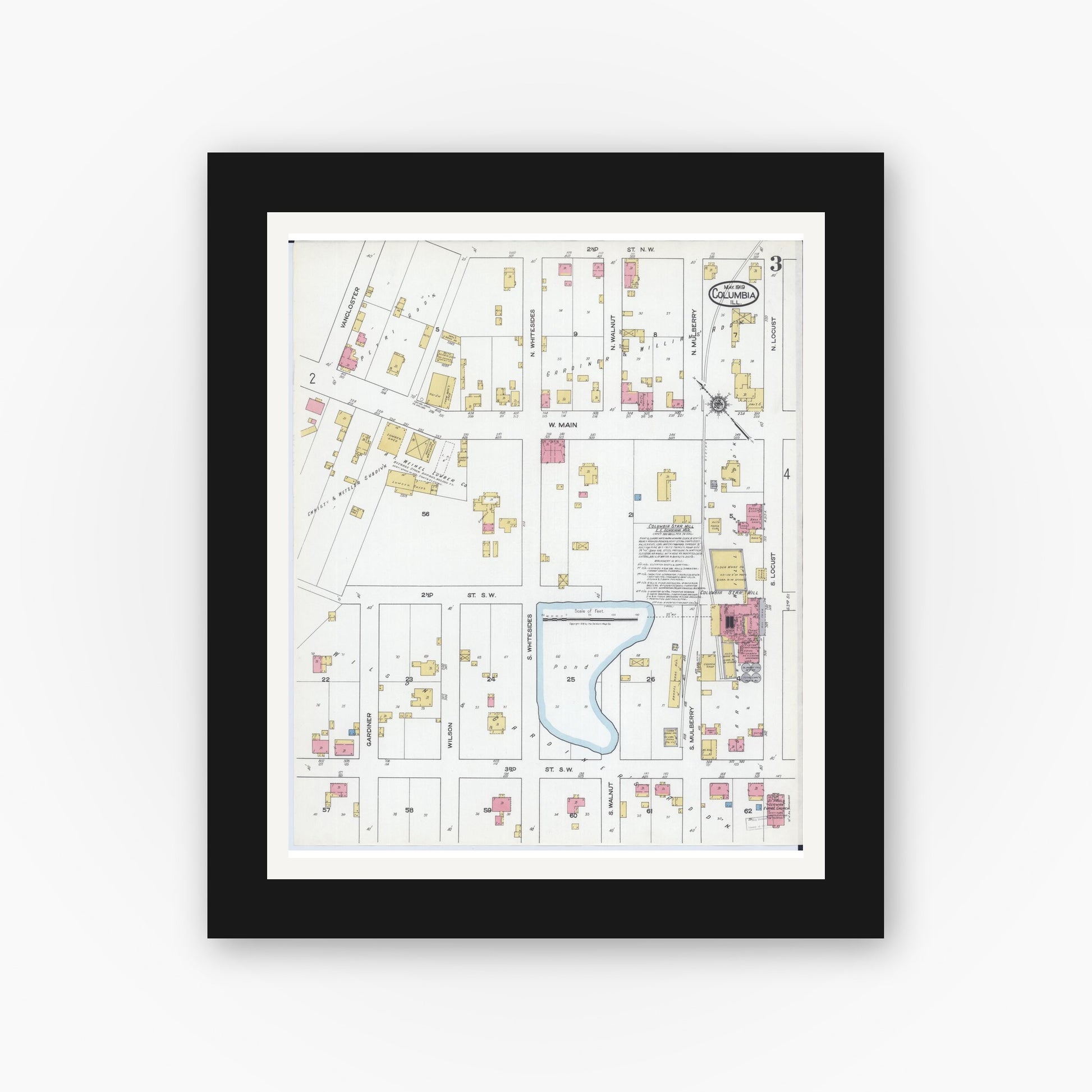 Old map wall art mockup — black gallery frame with white mat — Sanborn Fire Insurance Map from Columbia, Monroe County, Illinois (1919), Sheet #0003