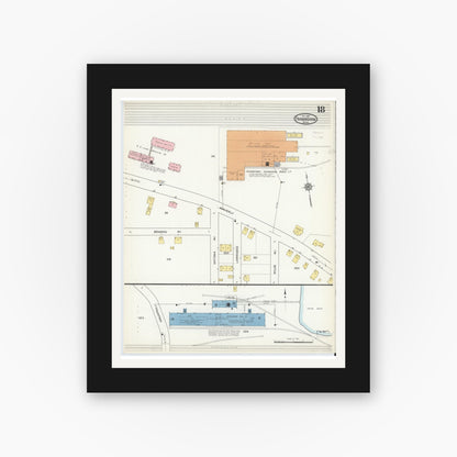 Old map wall art mockup — black gallery frame with white mat — Sanborn Fire Insurance Map from Framingham, Middlesex County, Massachusetts (1915), Sheet #0018