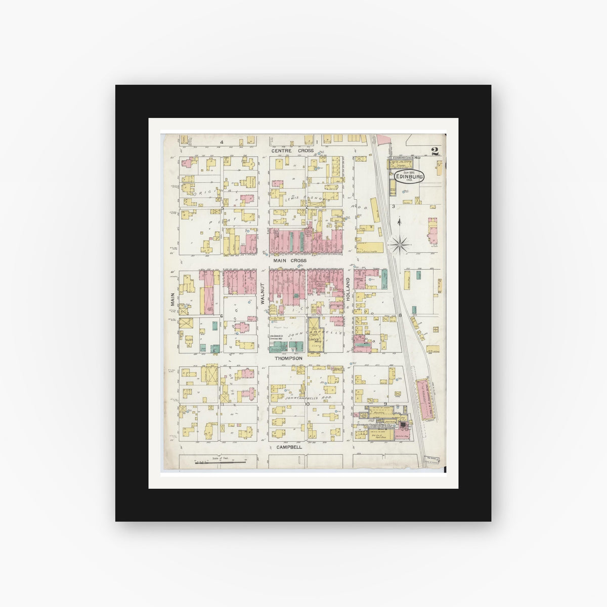Old map wall art mockup — black gallery frame with white mat — Sanborn Fire Insurance Map from Edinburg, Johnson And Bartholomew Counties, Indiana (1892), Sheet #0002