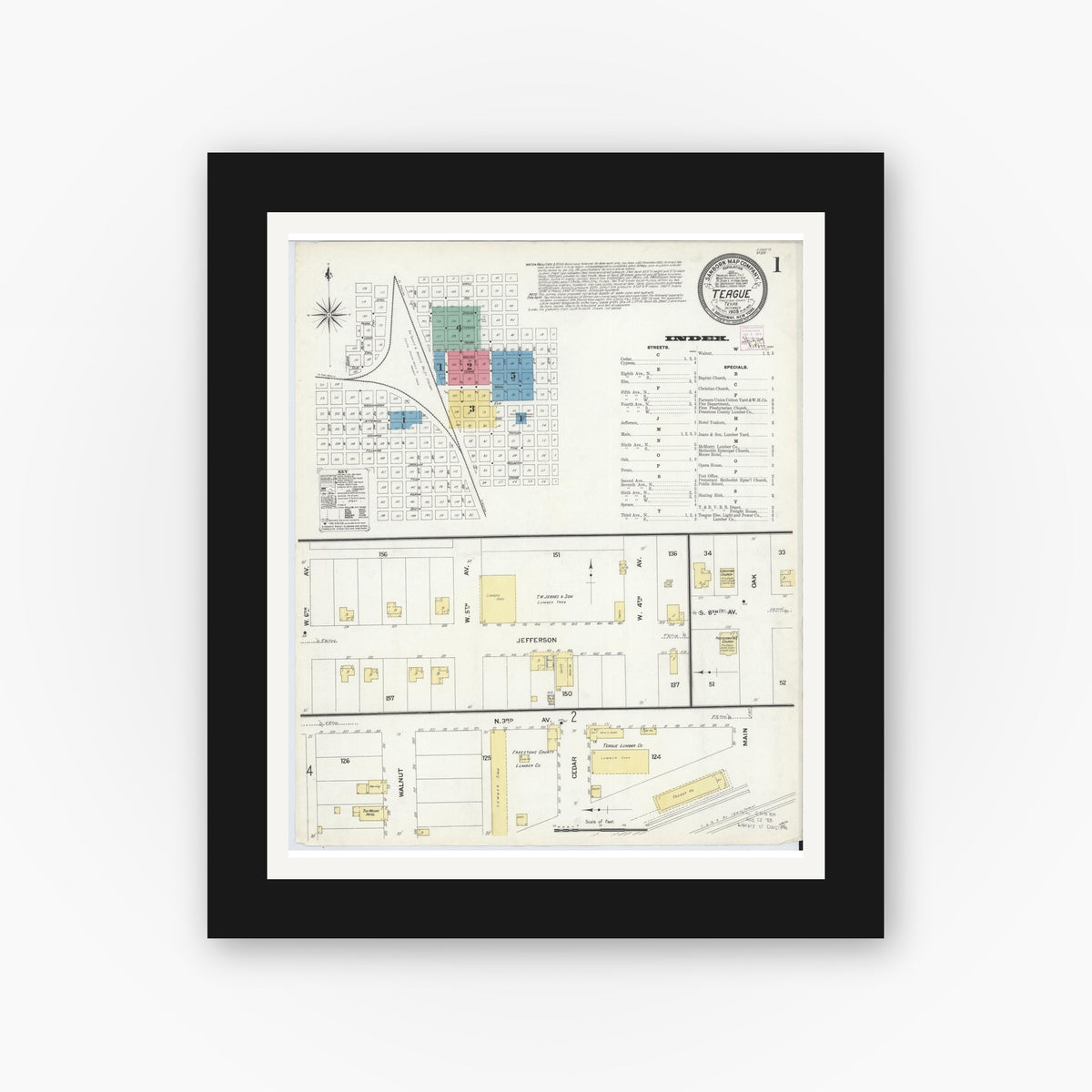 Old map wall art mockup — black gallery frame with white mat — Sanborn Fire Insurance Map from Teague, Freestone County, Texas (1908), Sheet #0001