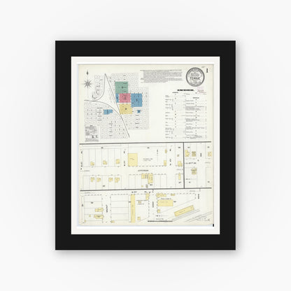Old map wall art mockup — black gallery frame with white mat — Sanborn Fire Insurance Map from Teague, Freestone County, Texas (1908), Sheet #0001