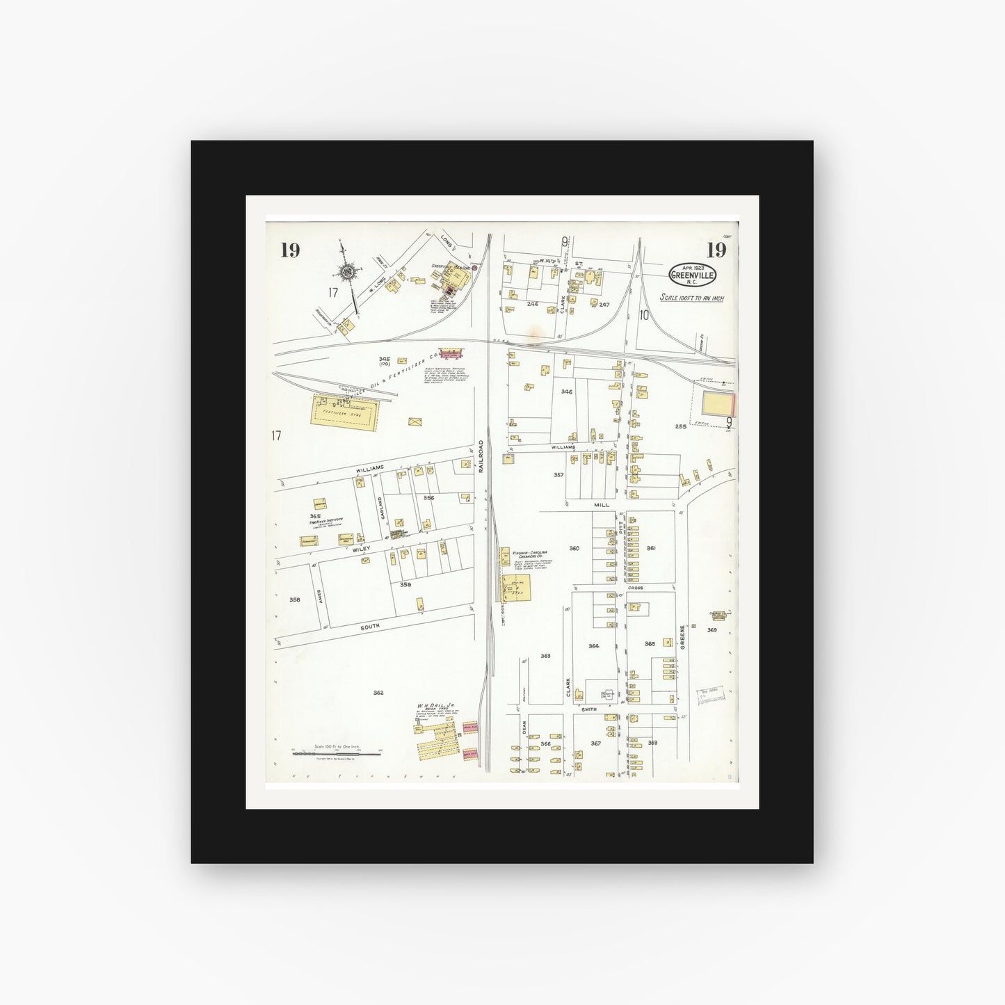 Old map wall art mockup — black gallery frame with white mat — Sanborn Fire Insurance Map from Greenville, Pitt County, North Carolina (1923), Sheet #0019