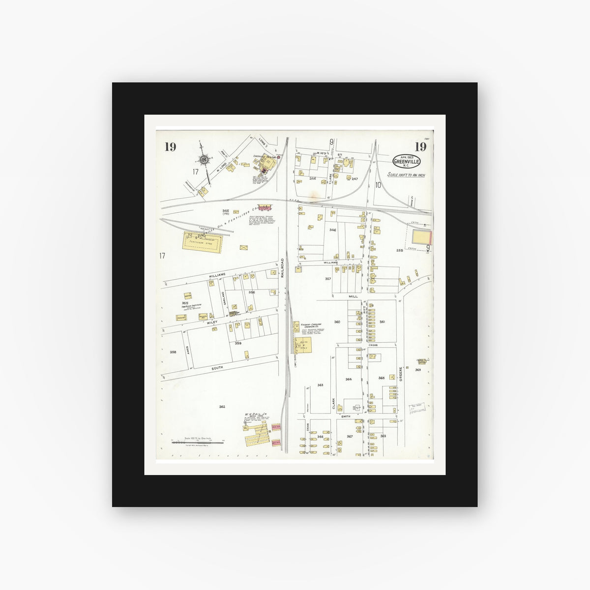 Old map wall art mockup — black gallery frame with white mat — Sanborn Fire Insurance Map from Greenville, Pitt County, North Carolina (1923), Sheet #0019