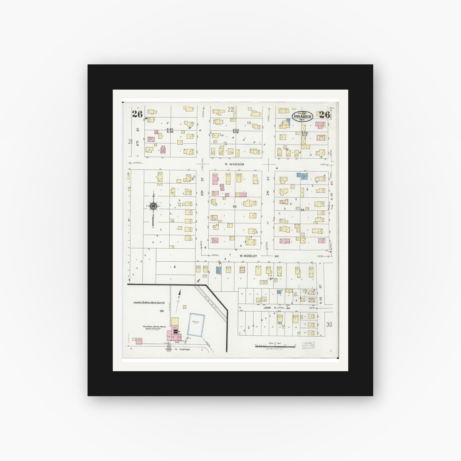 Old map wall art mockup — black gallery frame with white mat — Sanborn Fire Insurance Map from Ann Arbor, Washtenaw County, Michigan (1925), Sheet #0026