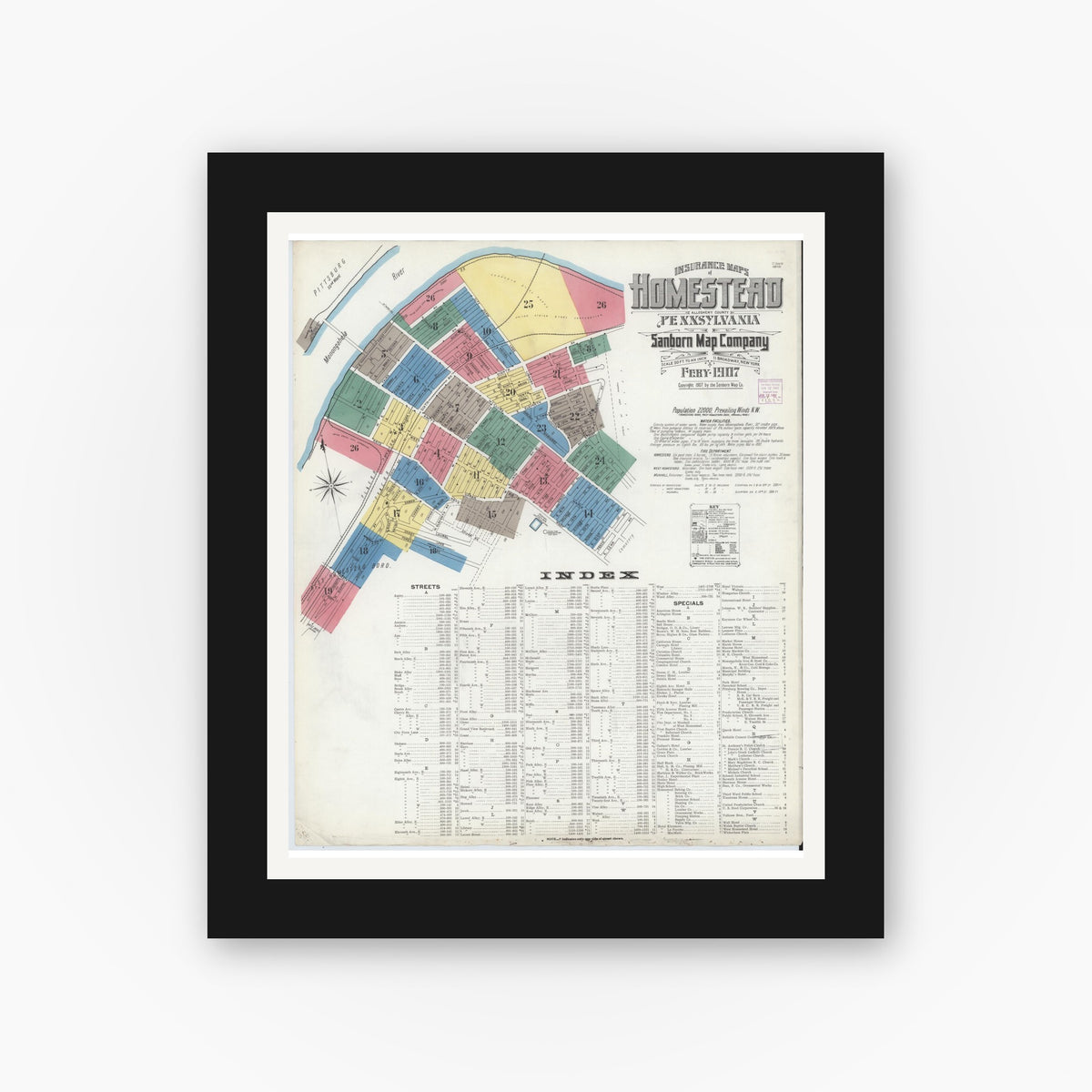 Old map wall art mockup — black gallery frame with white mat — Sanborn Fire Insurance Map from Homestead, Allegheny County, Pennsylvania (1907) - Complete Map Set