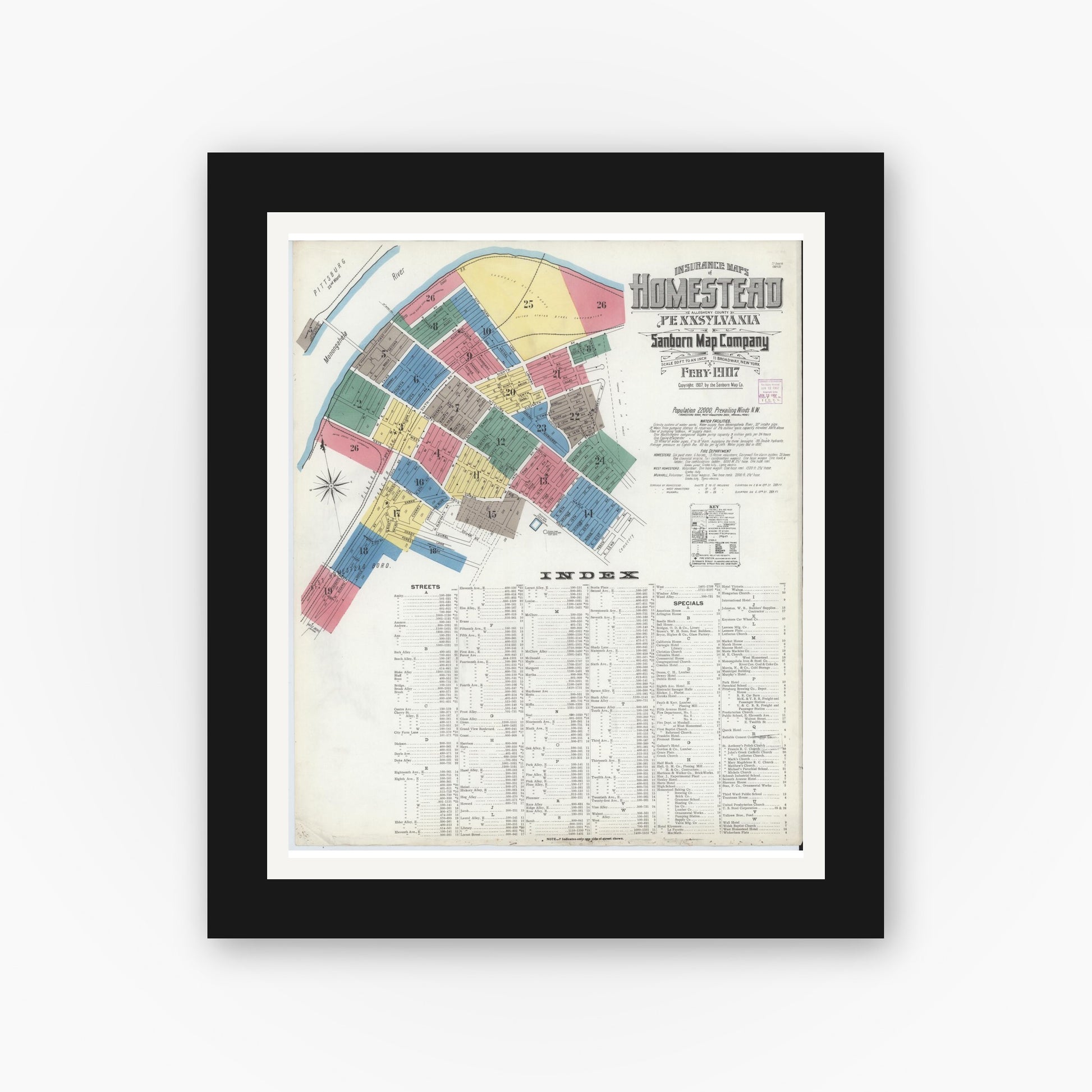 Old map wall art mockup — black gallery frame with white mat — Sanborn Fire Insurance Map from Homestead, Allegheny County, Pennsylvania (1907) - Complete Map Set