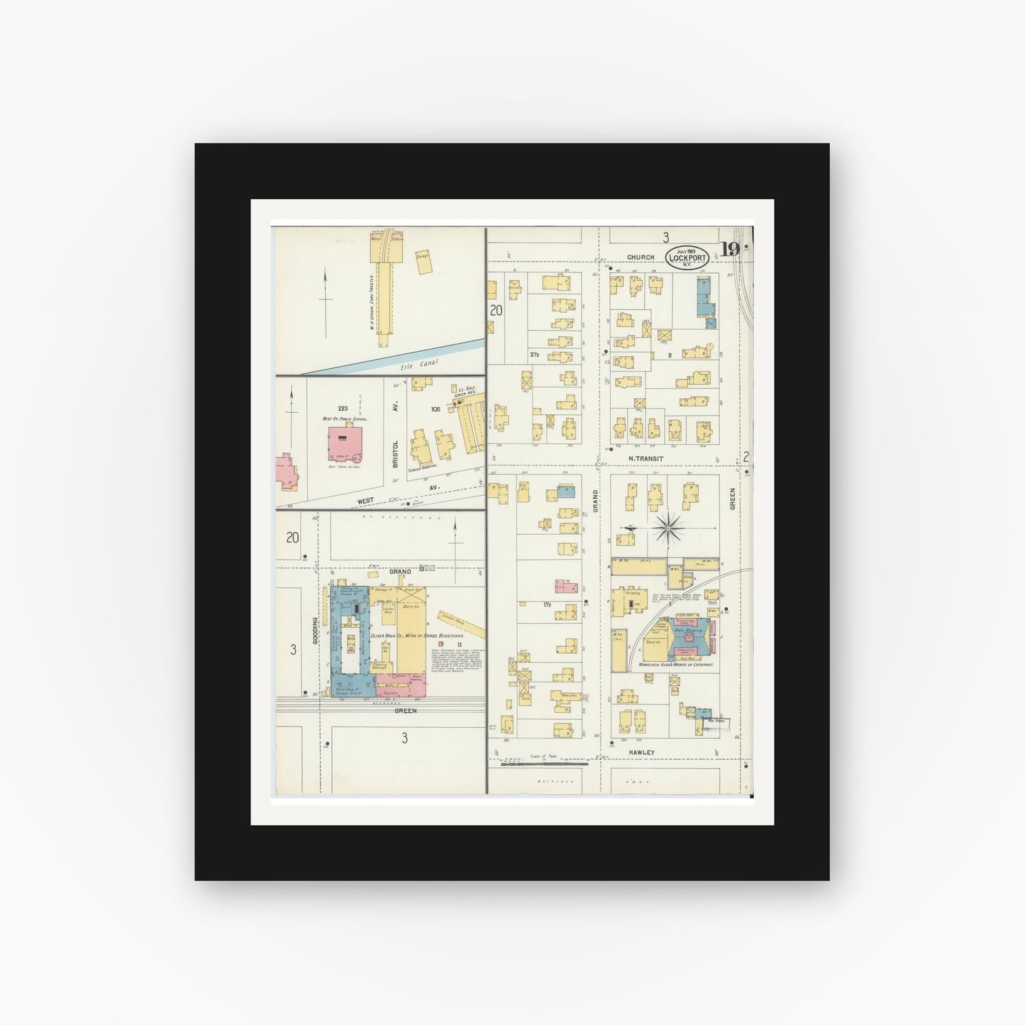 Old map wall art mockup — black gallery frame with white mat — Sanborn Fire Insurance Map from Lockport, Niagara County, New York (1903), Sheet #0019