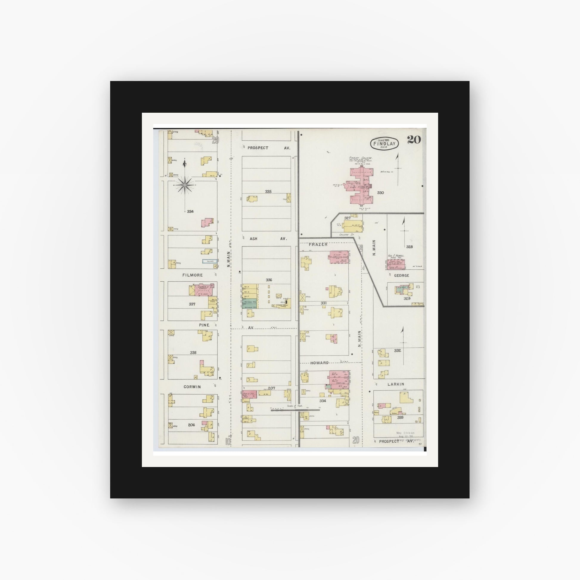 Old map wall art mockup — black gallery frame with white mat — Sanborn Fire Insurance Map from Findlay, Hancock County, Ohio (1895), Sheet #0020