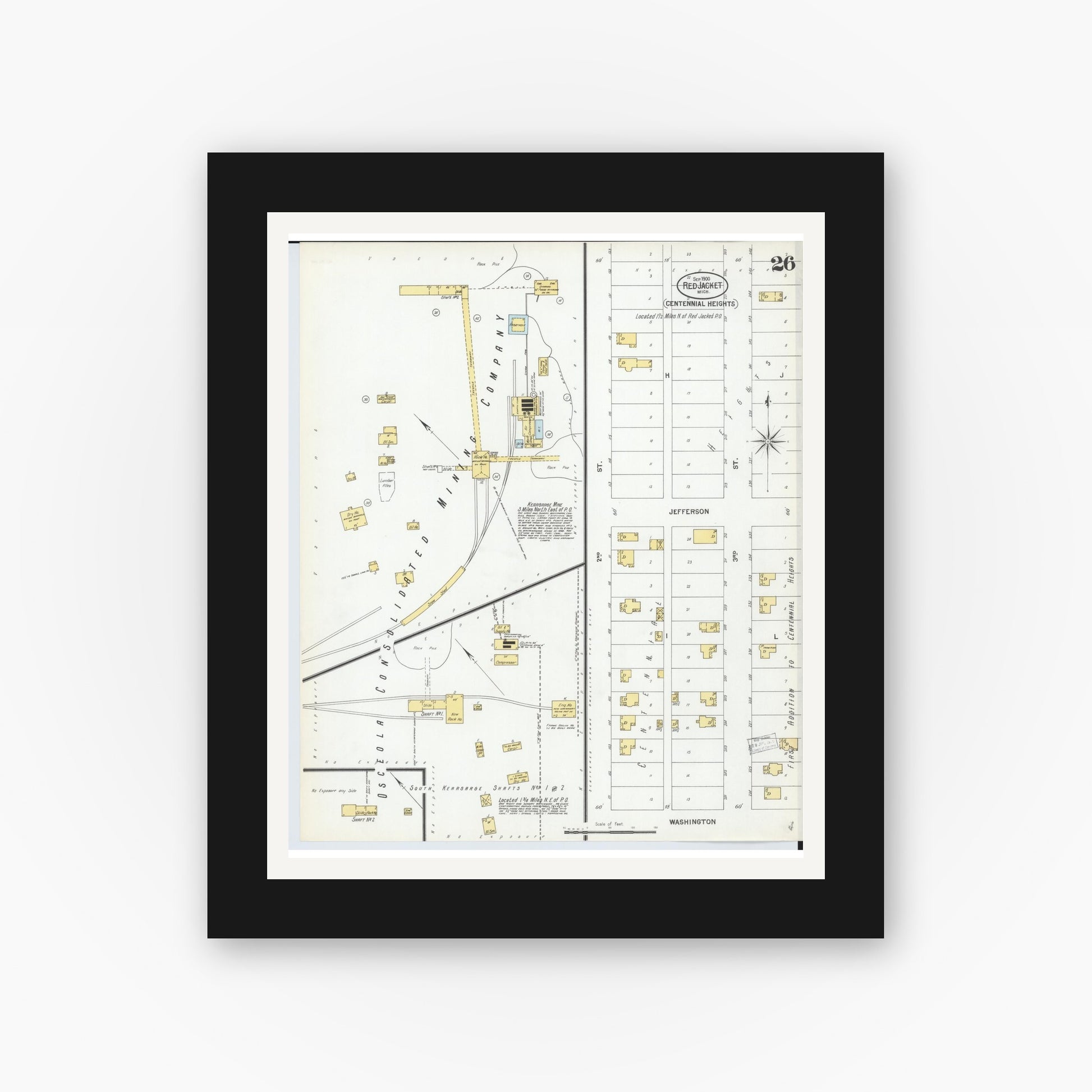 Old map wall art mockup — black gallery frame with white mat — Sanborn Fire Insurance Map from Red Jacket, Houghton County, Michigan (1900), Sheet #0026
