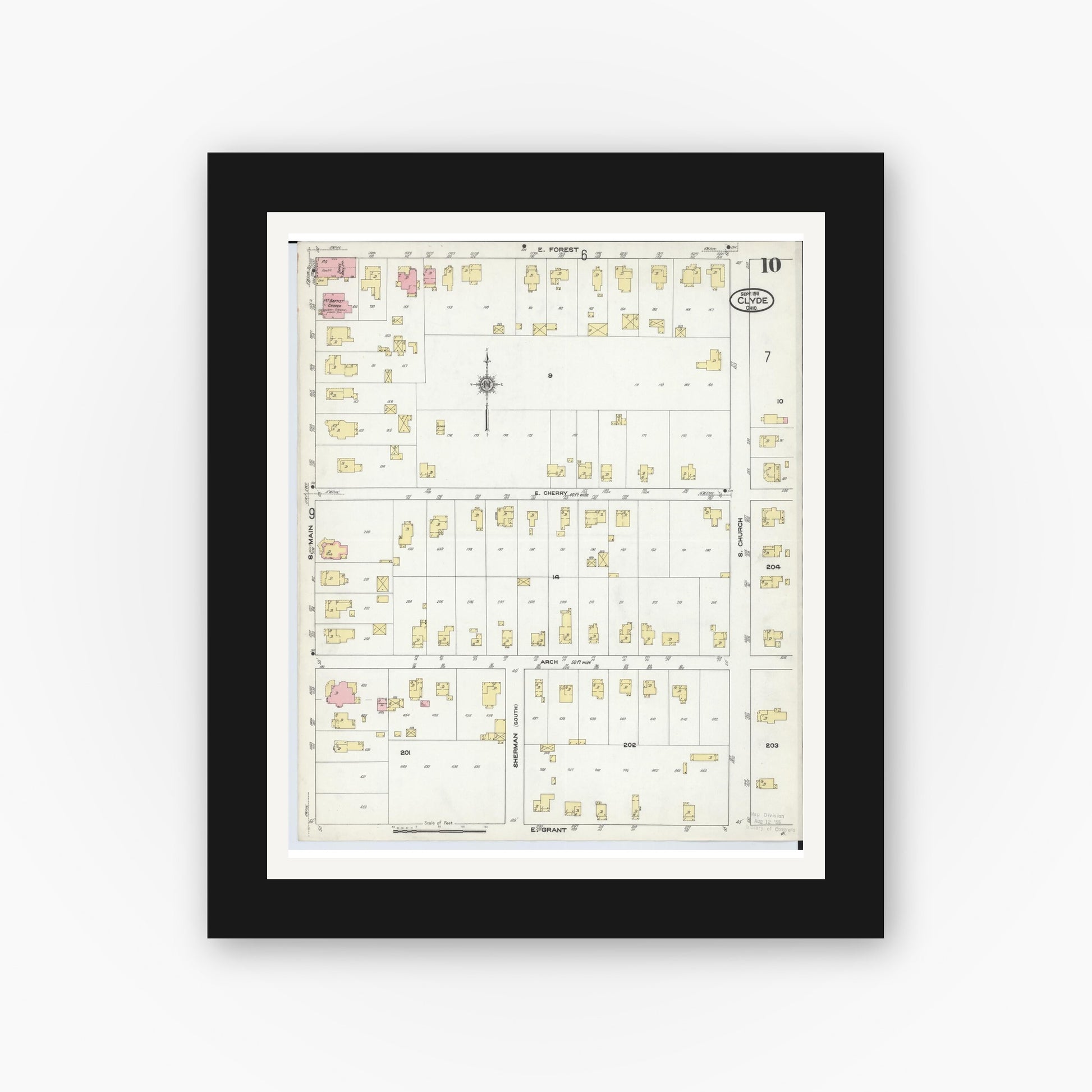 Old map wall art mockup — black gallery frame with white mat — Sanborn Fire Insurance Map from Clyde, Sandusky County, Ohio (1911), Sheet #0010