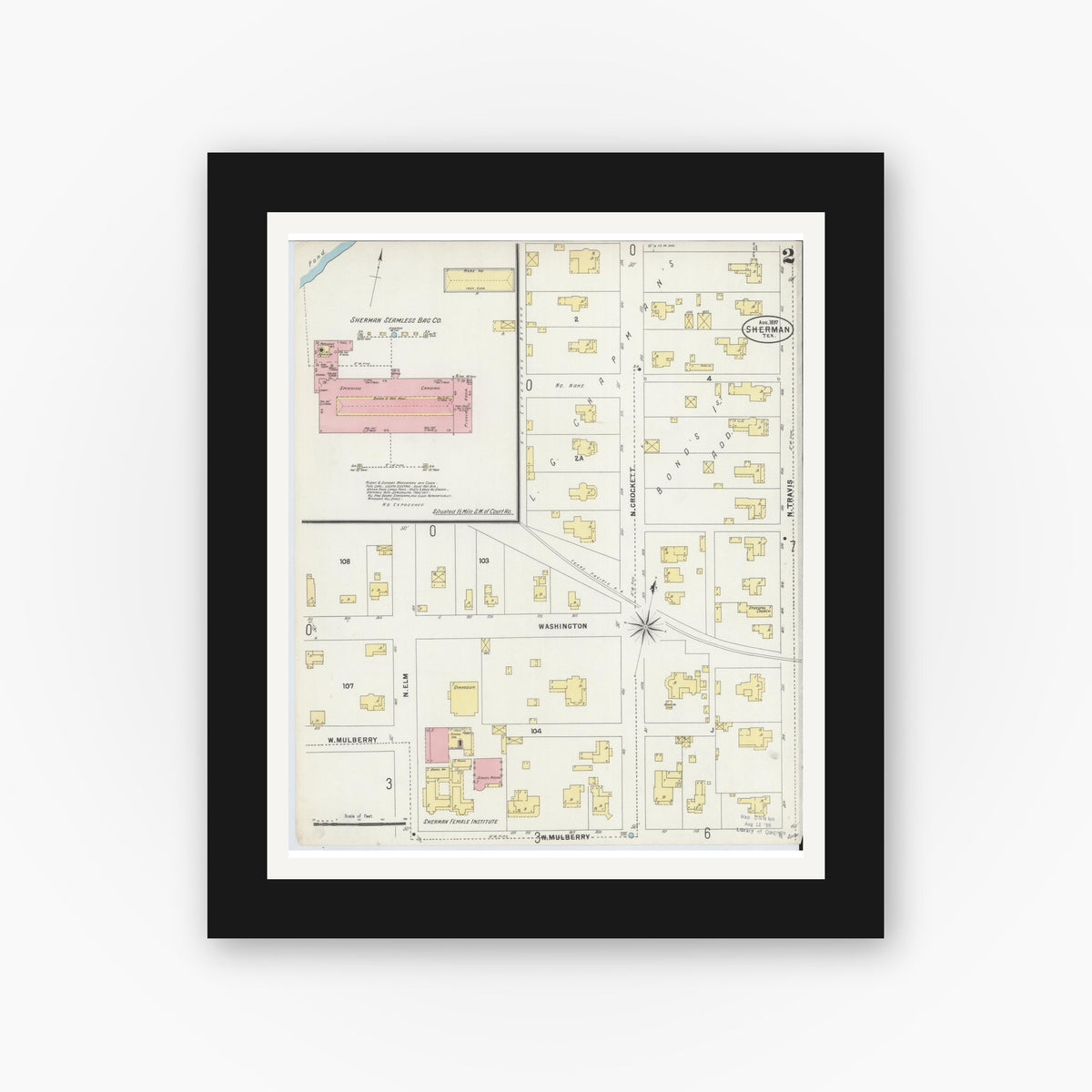 Old map wall art mockup — black gallery frame with white mat — Sanborn Fire Insurance Map from Sherman, Grayson County, Texas (1897), Sheet #0002