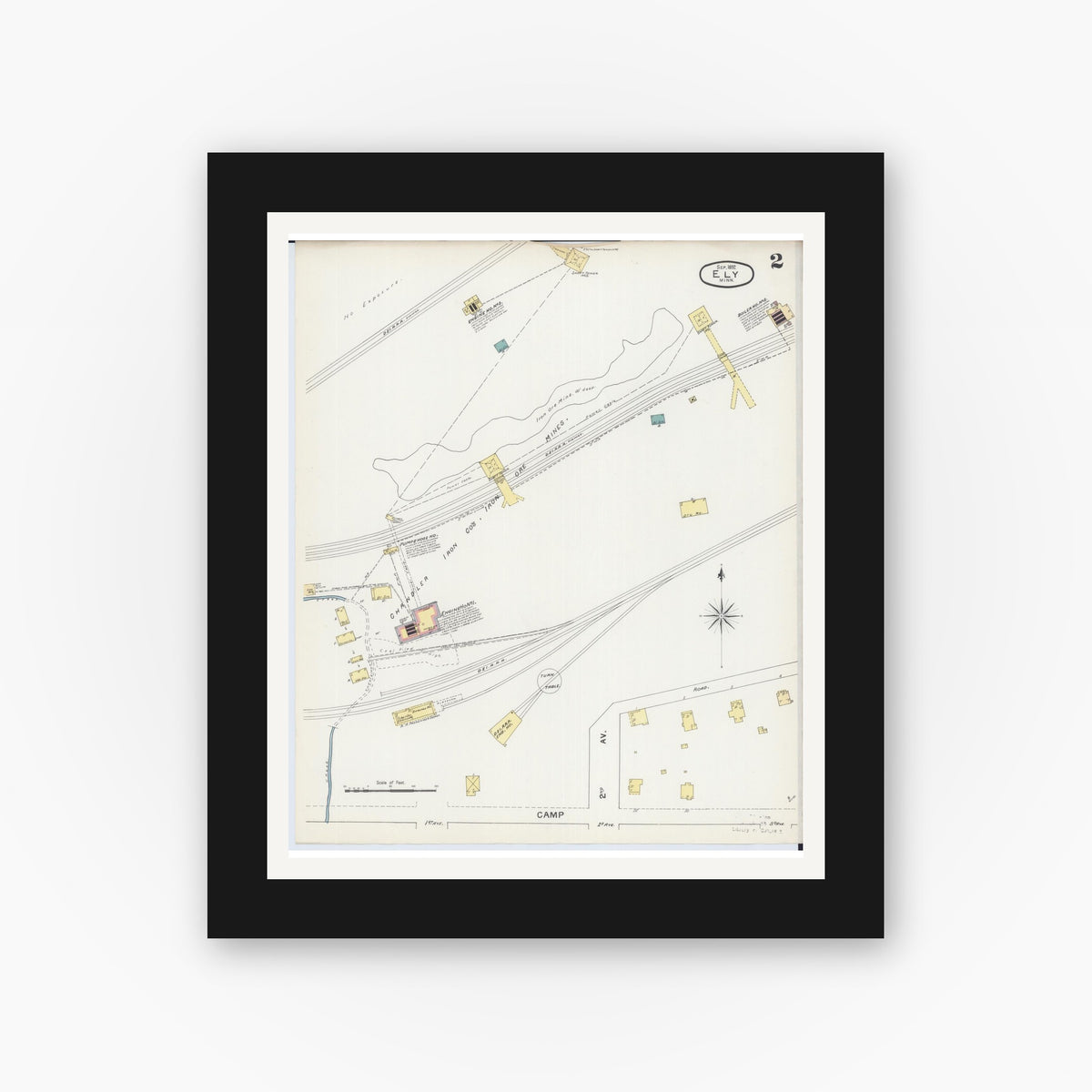 Old map wall art mockup — black gallery frame with white mat — Sanborn Fire Insurance Map from Ely, Saint Louis County, Minnesota (1892), Sheet #0002