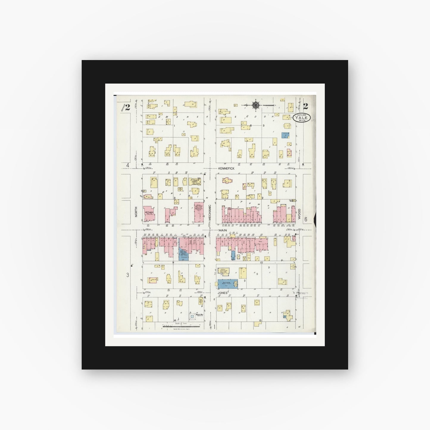 Old map wall art mockup — black gallery frame with white mat — Sanborn Fire Insurance Map from Yale, Saint Clair County, Michigan (1924), Sheet #0002