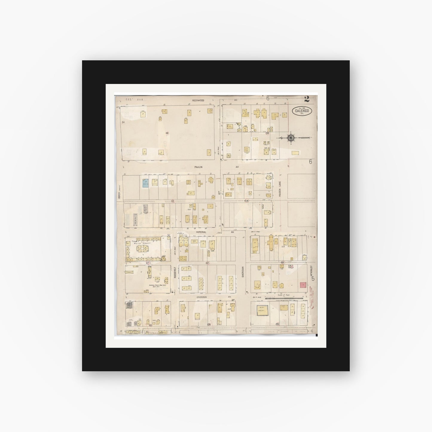 Old map wall art mockup — black gallery frame with white mat — Sanborn Fire Insurance Map from Calexico, Imperial County, California (1949), Sheet #0002