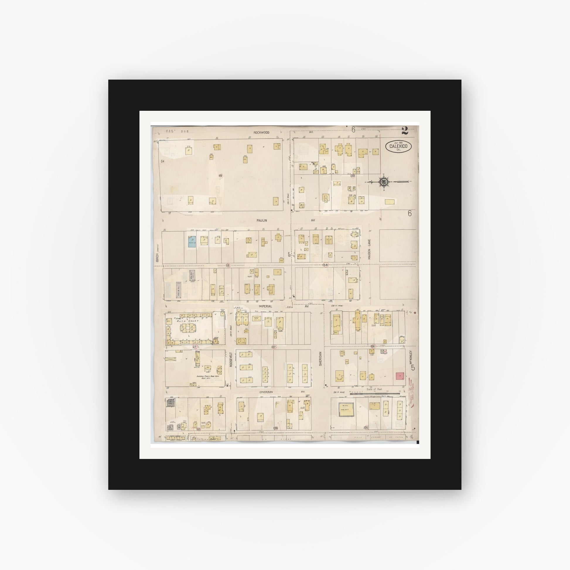 Old map wall art mockup — black gallery frame with white mat — Sanborn Fire Insurance Map from Calexico, Imperial County, California (1949), Sheet #0002