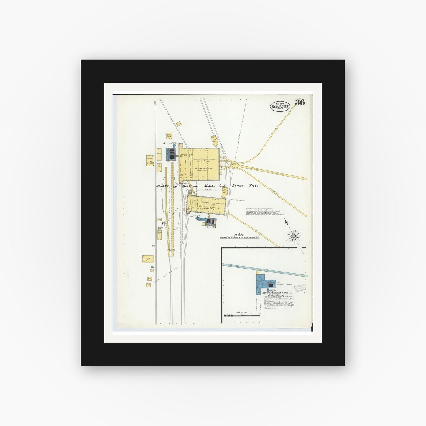 Old map wall art mockup — black gallery frame with white mat — Sanborn Fire Insurance Map from Red Jacket, Houghton County, Michigan (1908), Sheet #0036