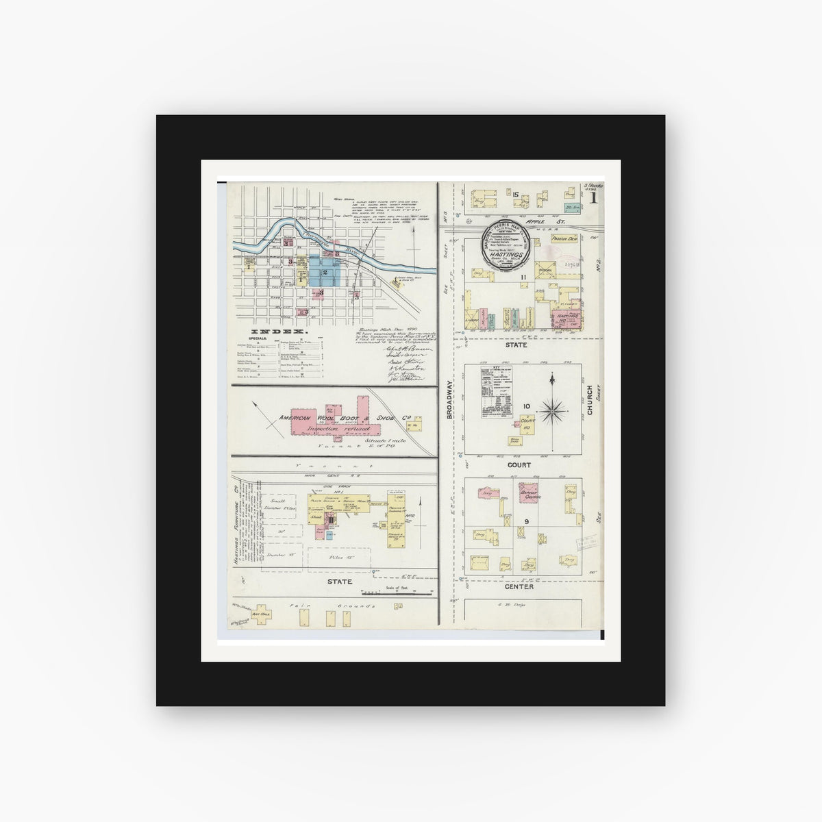 Old map wall art mockup — black gallery frame with white mat — Sanborn Fire Insurance Map from Hastings, Barry County, Michigan (1891), Sheet #0001
