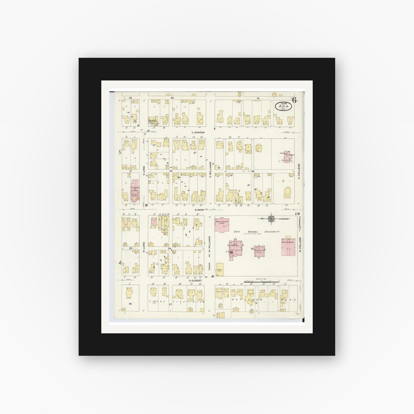 Old map wall art mockup — black gallery frame with white mat — Sanborn Fire Insurance Map from Ada, Hardin County, Ohio (1910), Sheet #0006