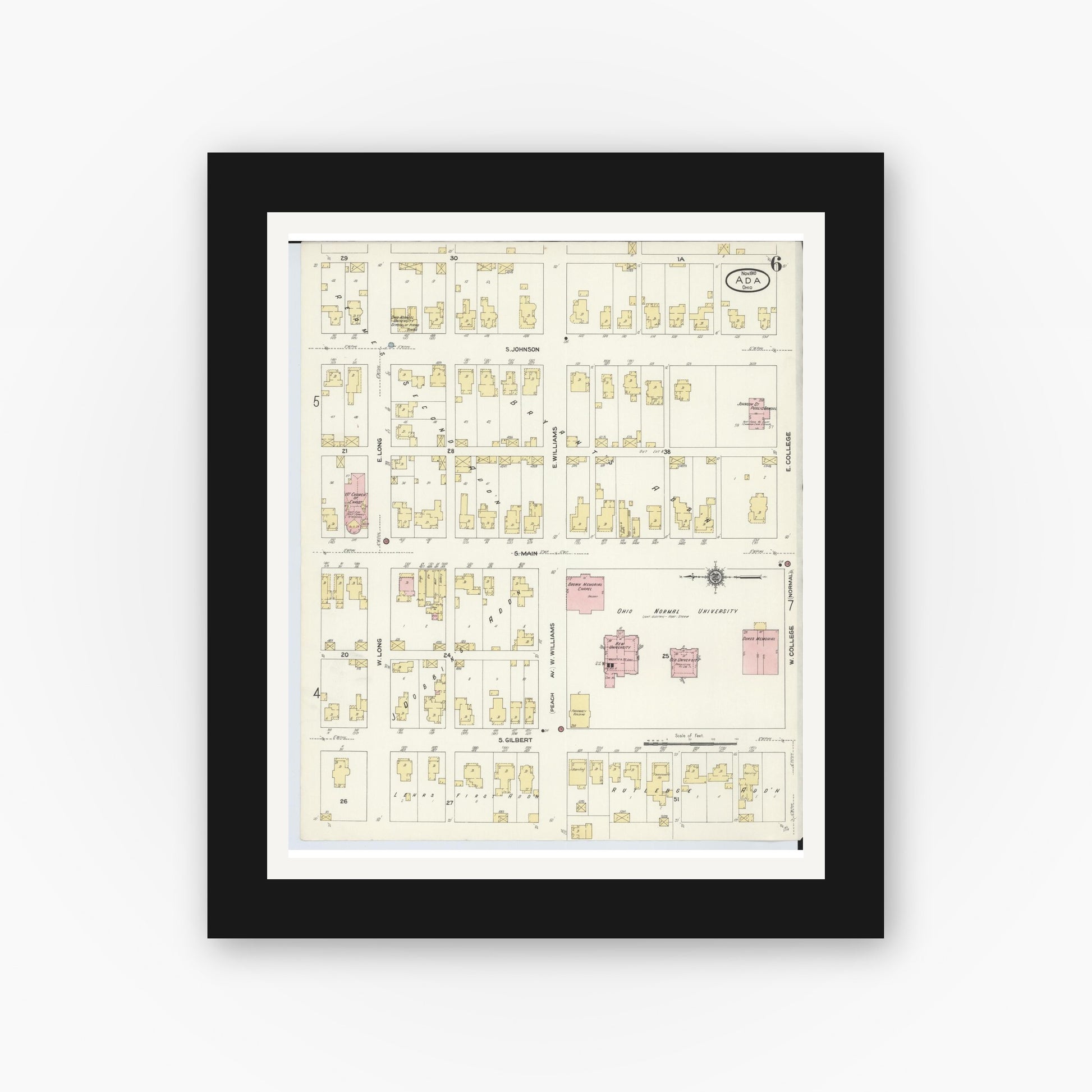 Old map wall art mockup — black gallery frame with white mat — Sanborn Fire Insurance Map from Ada, Hardin County, Ohio (1910), Sheet #0006