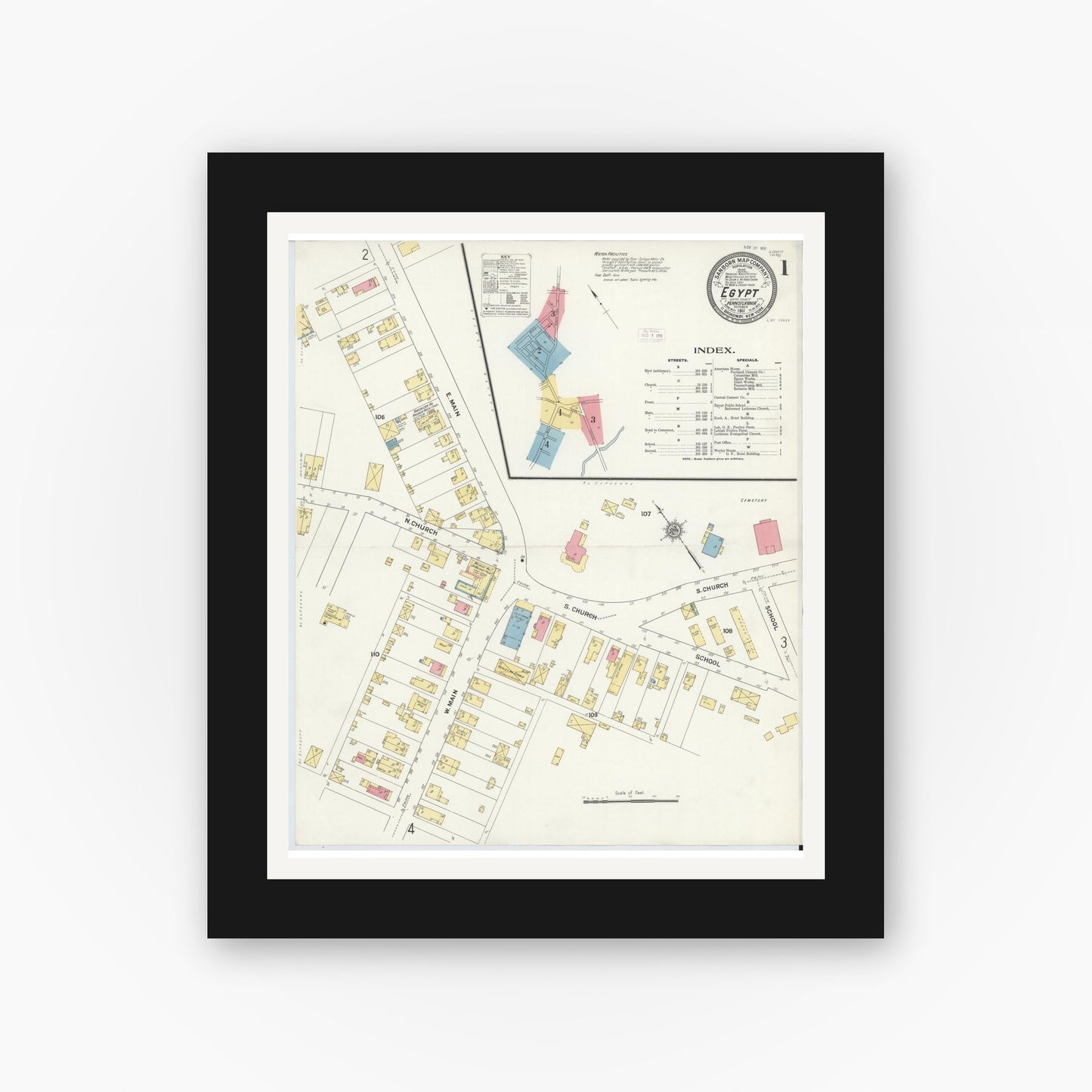 Old map wall art mockup — black gallery frame with white mat — Sanborn Fire Insurance Map from Egypt, Lehigh County, Pennsylvania (1911) - Complete Map Set