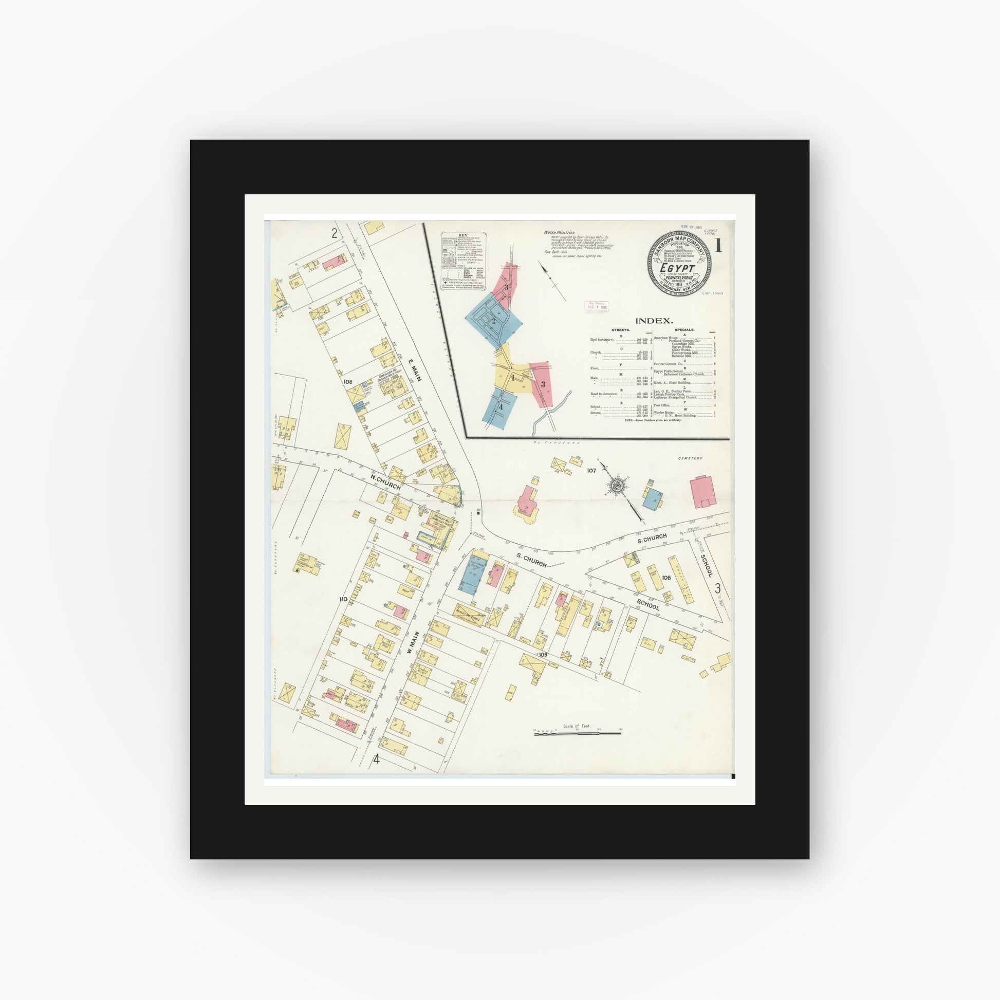 Old map wall art mockup — black gallery frame with white mat — Sanborn Fire Insurance Map from Egypt, Lehigh County, Pennsylvania (1911) - Complete Map Set