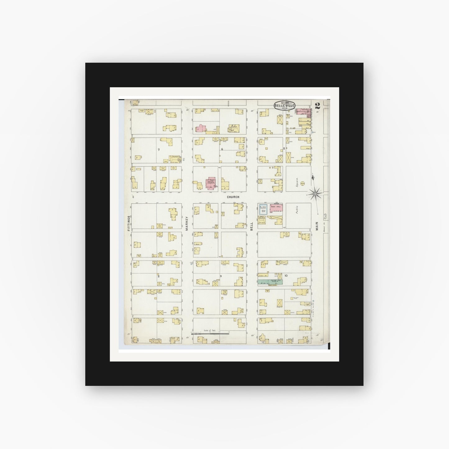 Old map wall art mockup — black gallery frame with white mat — Sanborn Fire Insurance Map from Bellville, Richland County, Ohio (1895), Sheet #0002