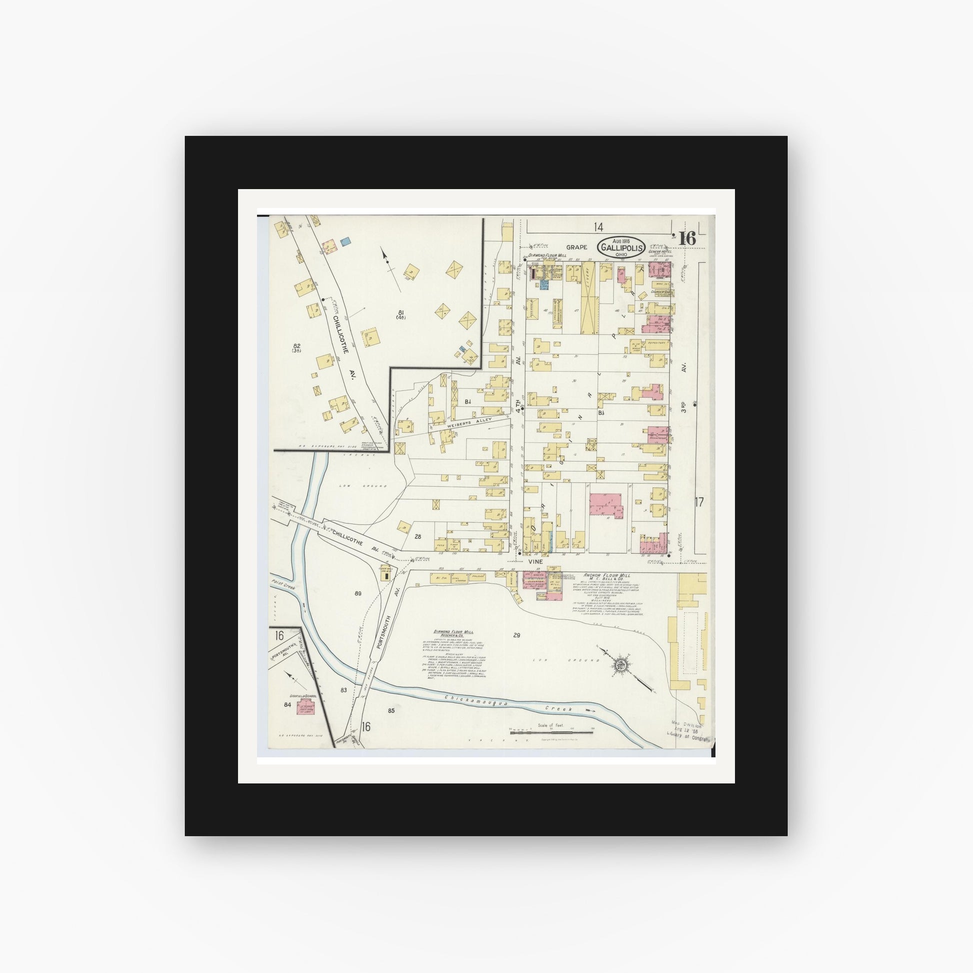 Old map wall art mockup — black gallery frame with white mat — Sanborn Fire Insurance Map from Gallipolis, Gallia County, Ohio (1916), Sheet #0016